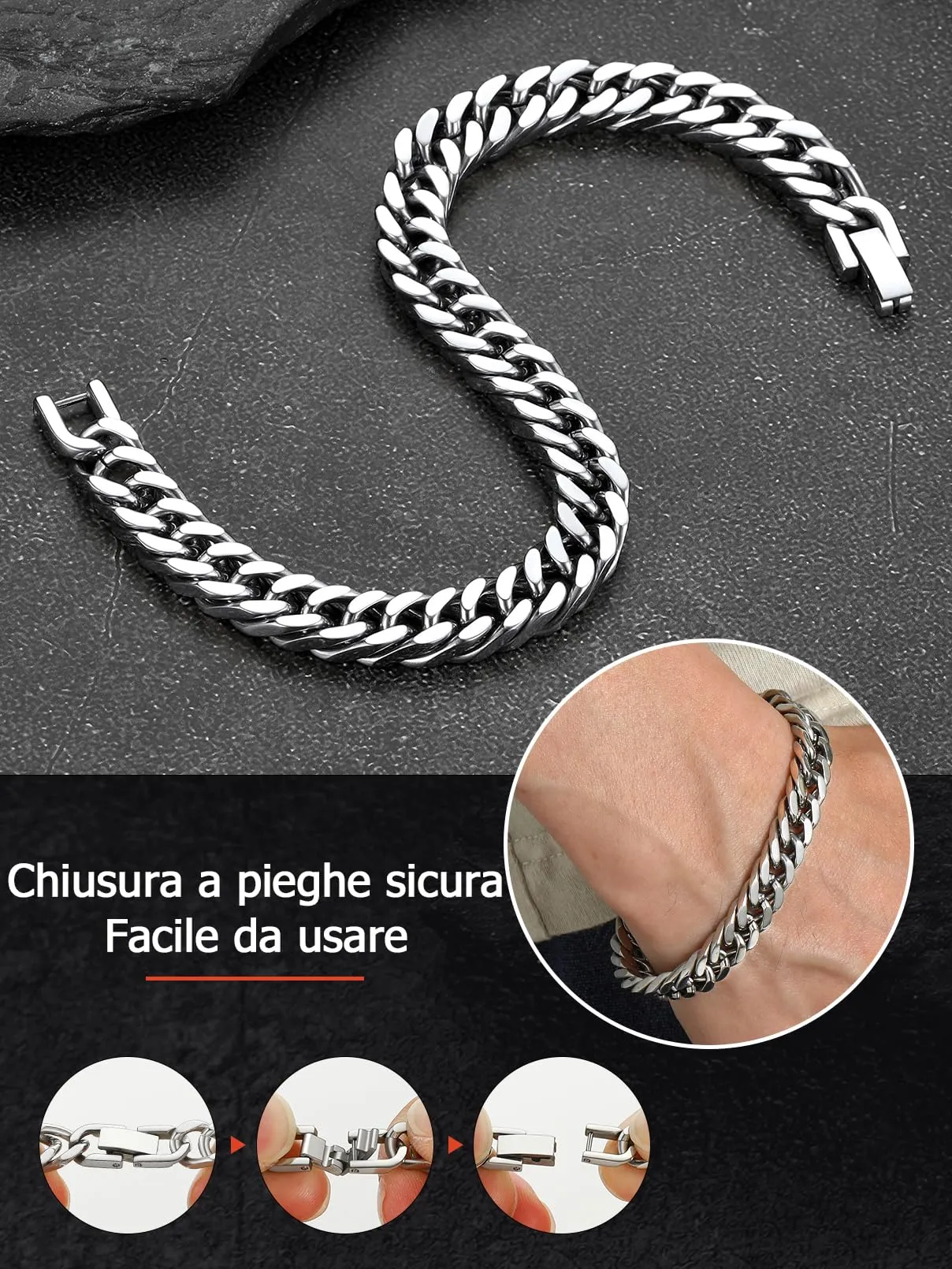 FaithHeart 8mm Bracciale Uomo Argento a Catena Cubana Classica Catena Densa Antiruggine e Antiallergico Levigato a Mano Lunghezza 19/21/23 cm - immagine 9
