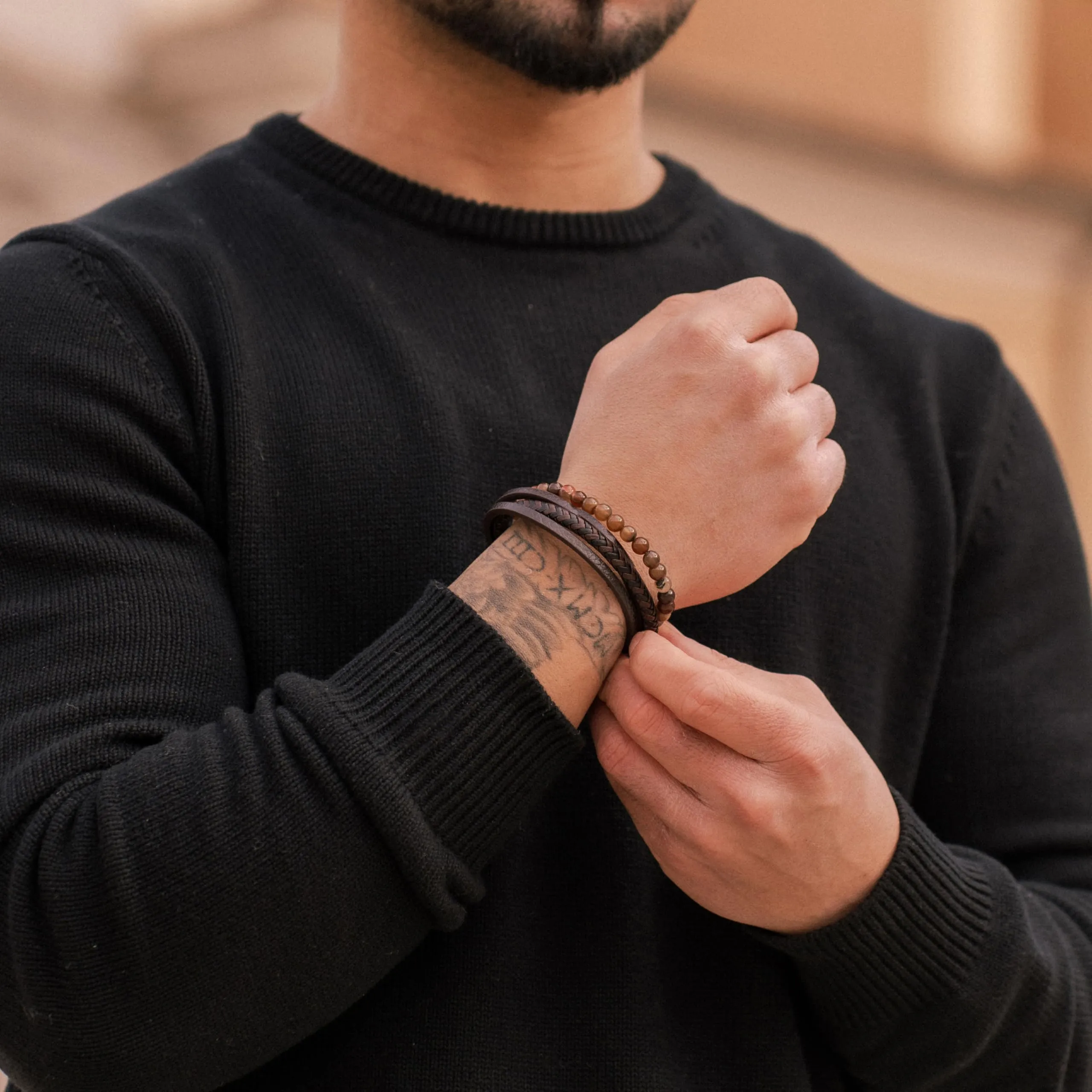 SERASAR Bracciale Uomo Cuoio Braccialetto Pelle Marrone Pietre Agata 20cm - immagine 5