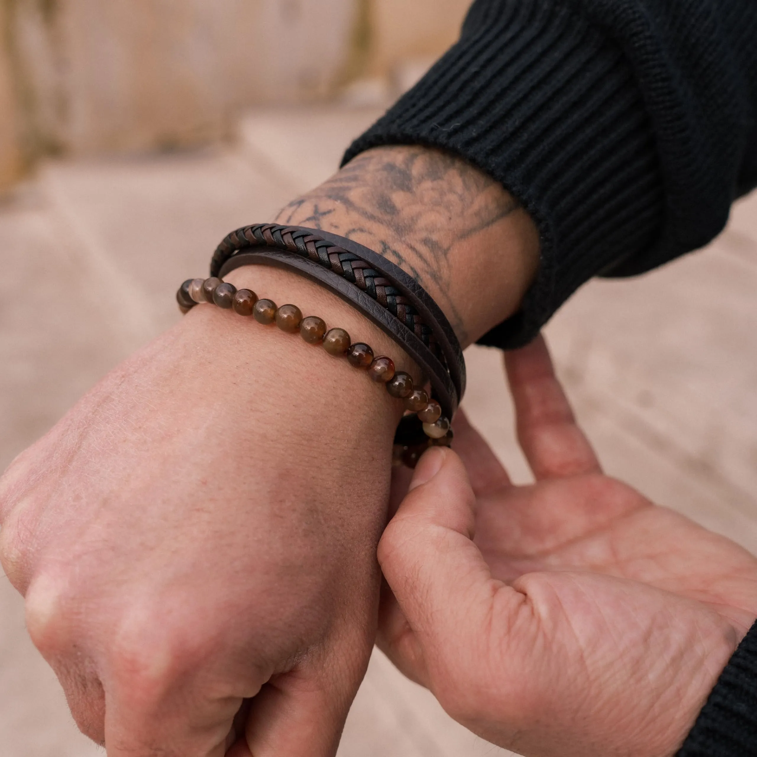 SERASAR Bracciale Uomo Cuoio Braccialetto Pelle Marrone Gioielli Festa 23cm - immagine 4