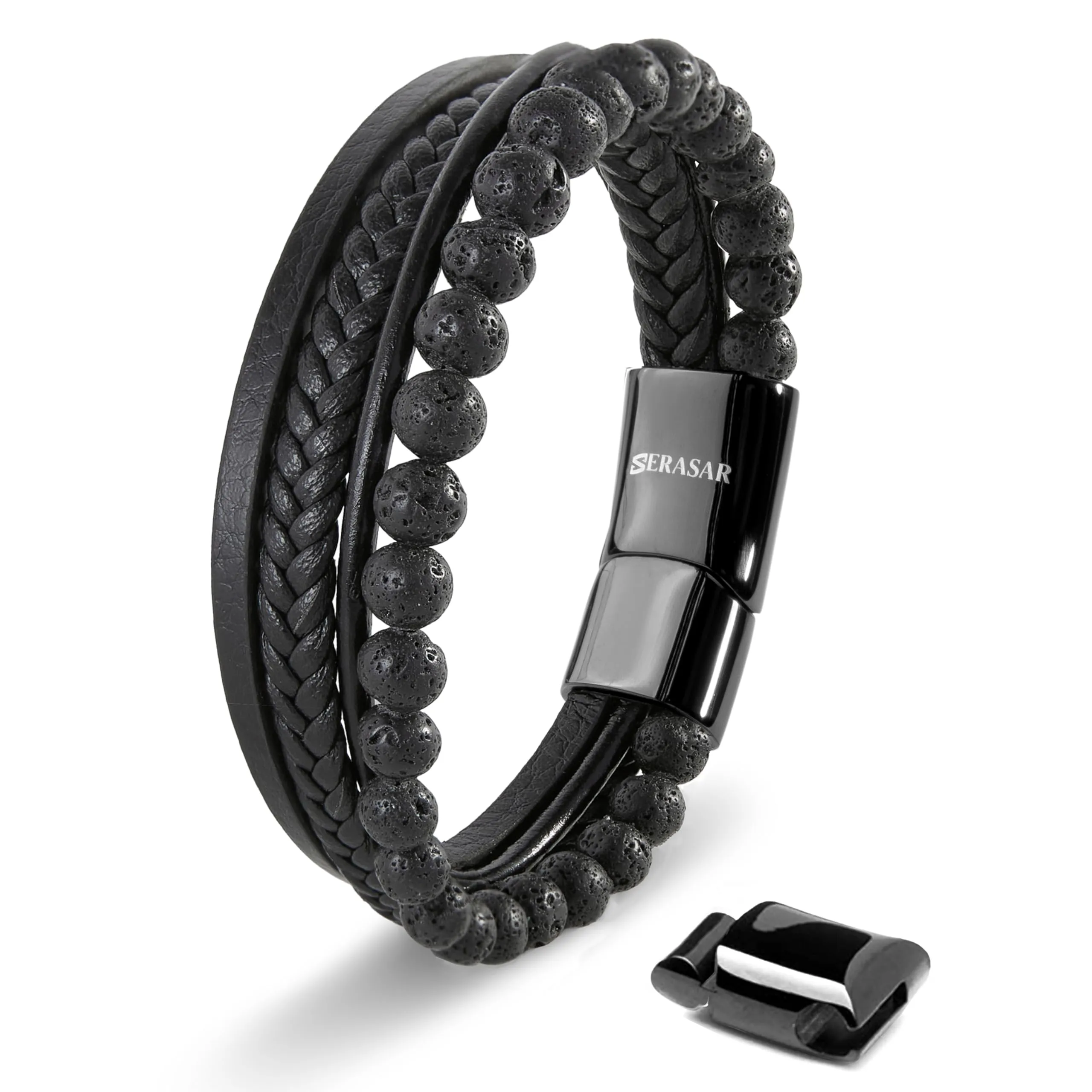 SERASAR Bracciale Uomo Cuoio Braccialetto Pelle Nera Papa Multistrato 23cm - immagine 1