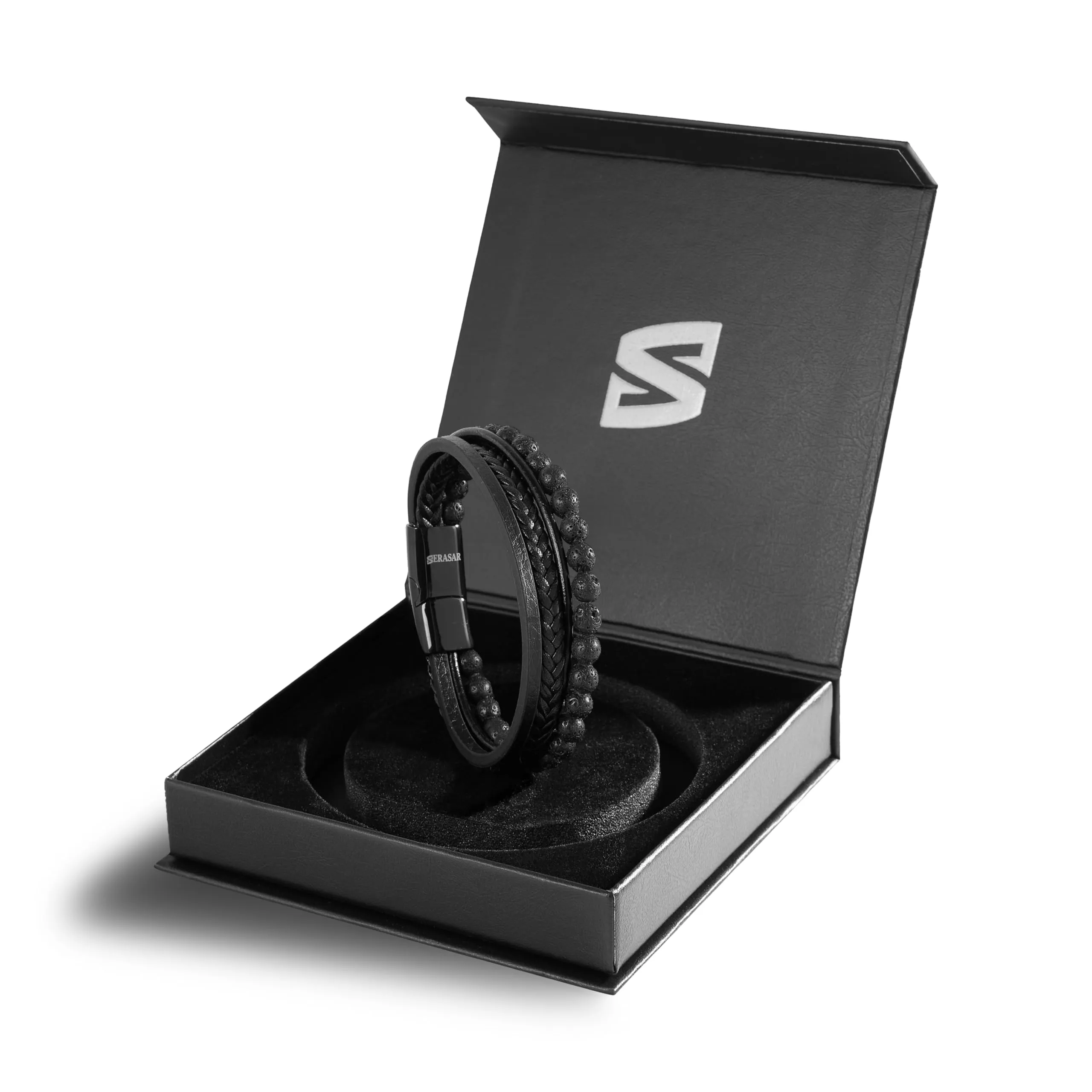 SERASAR Bracciale Uomo Cuoio Braccialetto Pelle Nera Pietre Naturale 20cm - immagine 2