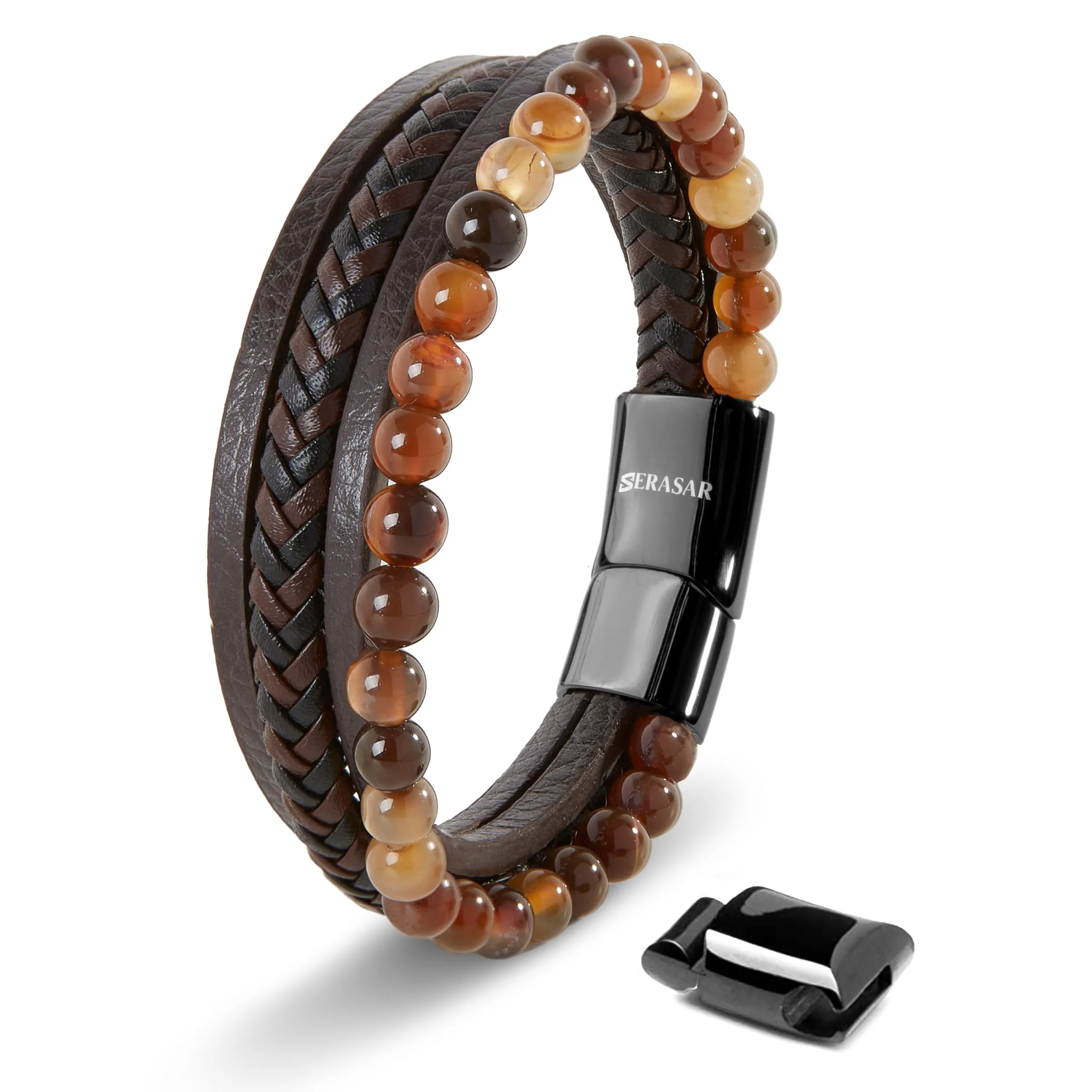 SERASAR Bracciale Uomo Cuoio Braccialetto Pelle Marrone Perline Regalo 17cm - immagine 1