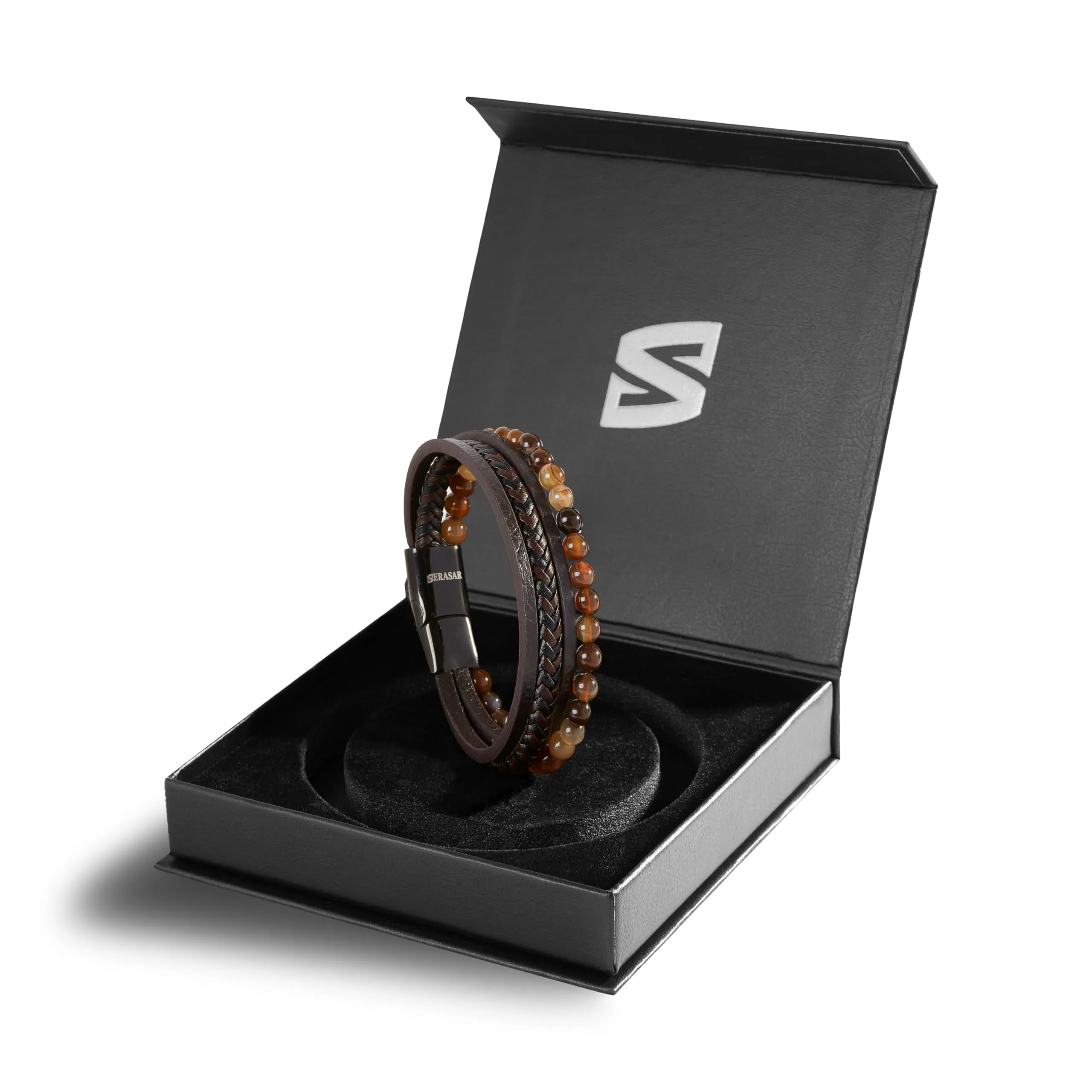 SERASAR Bracciale Uomo Cuoio Braccialetto Pelle Marrone Perline Regalo 17cm - immagine 2