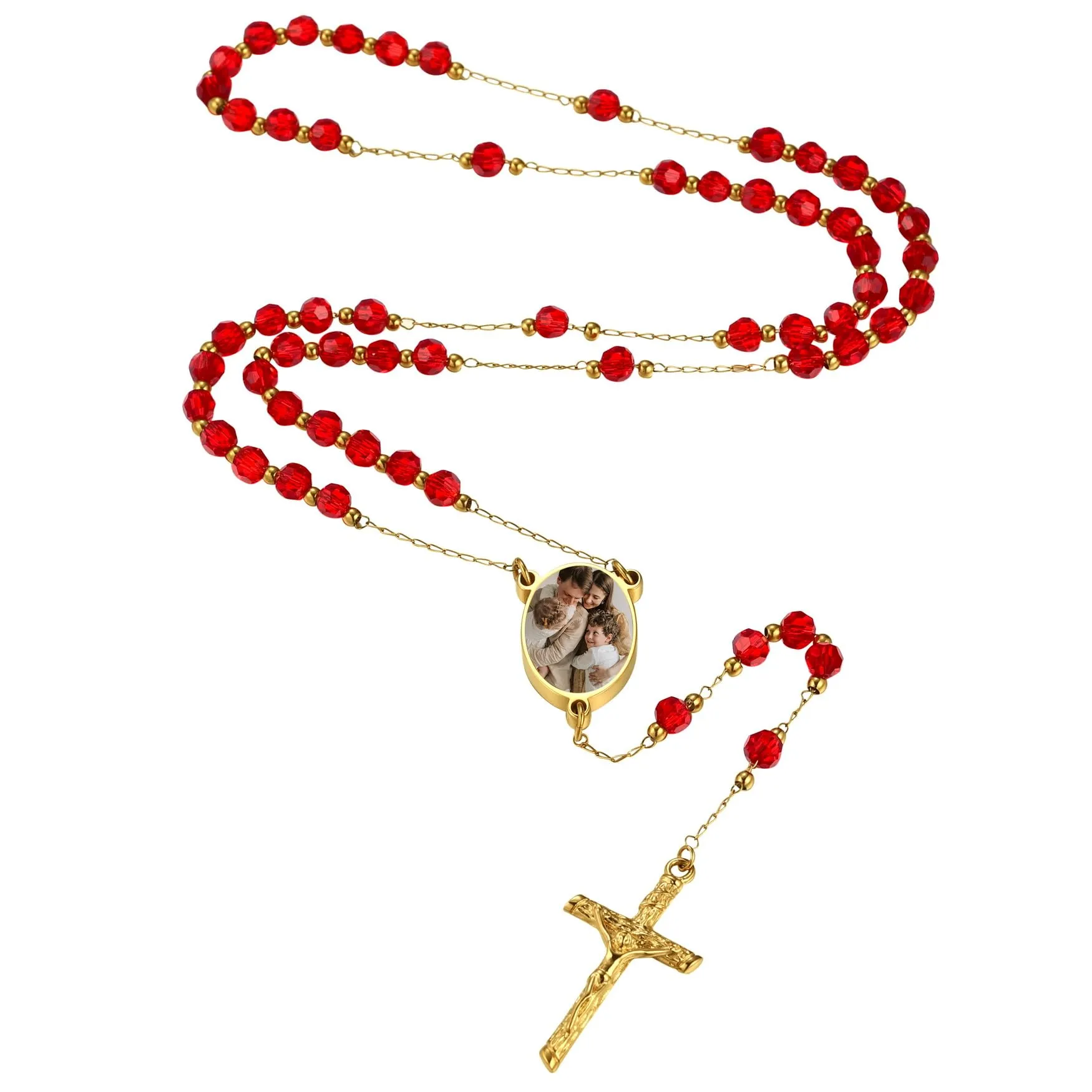 MMXX Collana Rosario Personalizzato con Foto Testo per Uomini Donne Collana Croce Cattolica Grani di Preghiera Cattolici Personalizzati Ciondolo Crocifisso Regali Religiosi - Rosso - immagine 1