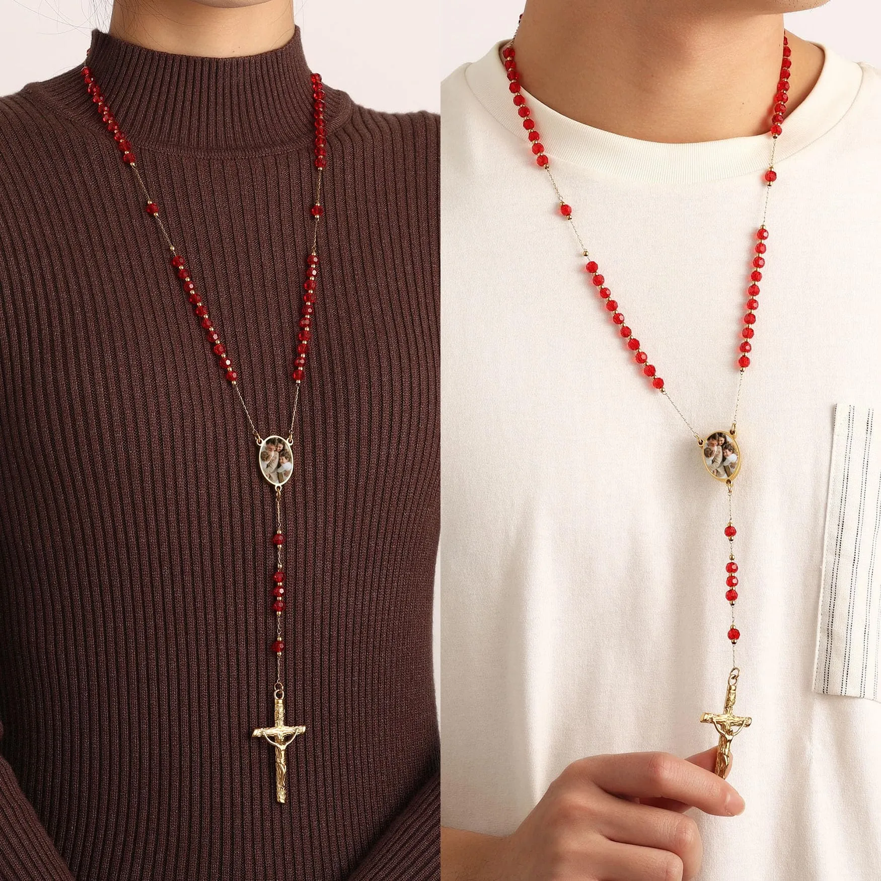 MMXX Collana Rosario Personalizzato con Foto Testo per Uomini Donne Collana Croce Cattolica Grani di Preghiera Cattolici Personalizzati Ciondolo Crocifisso Regali Religiosi - Rosso - immagine 2