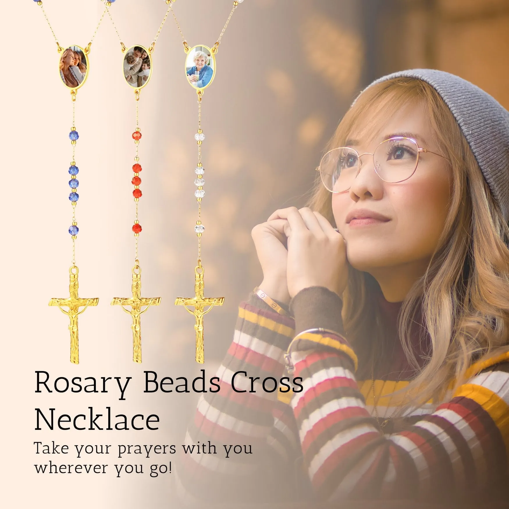 MMXX Collana Rosario Personalizzato con Foto Testo per Uomini Donne Collana Croce Cattolica Grani di Preghiera Cattolici Personalizzati Ciondolo Crocifisso Regali Religiosi - Rosso - immagine 3