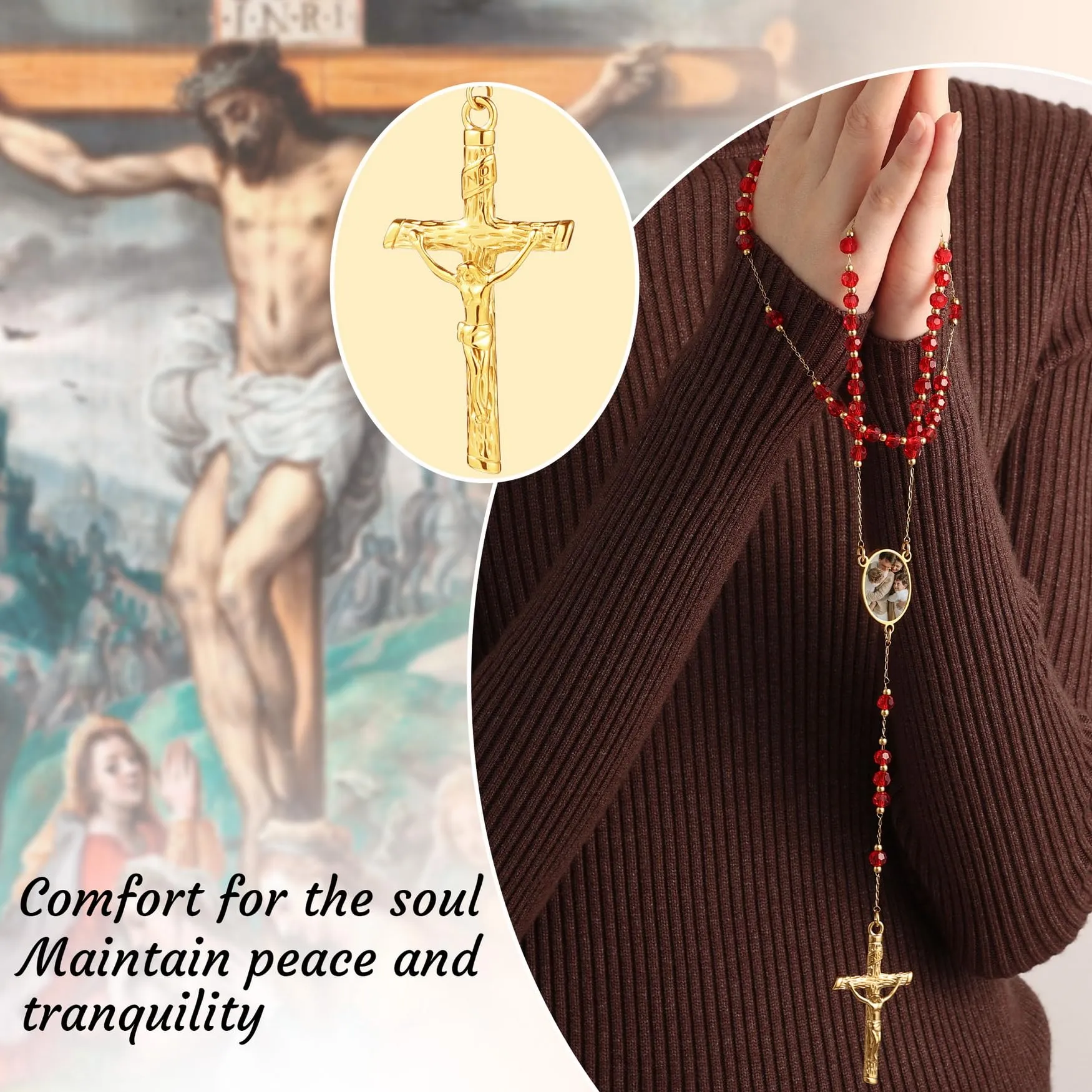 MMXX Collana Rosario Personalizzato con Foto Testo per Uomini Donne Collana Croce Cattolica Grani di Preghiera Cattolici Personalizzati Ciondolo Crocifisso Regali Religiosi - Rosso - immagine 4