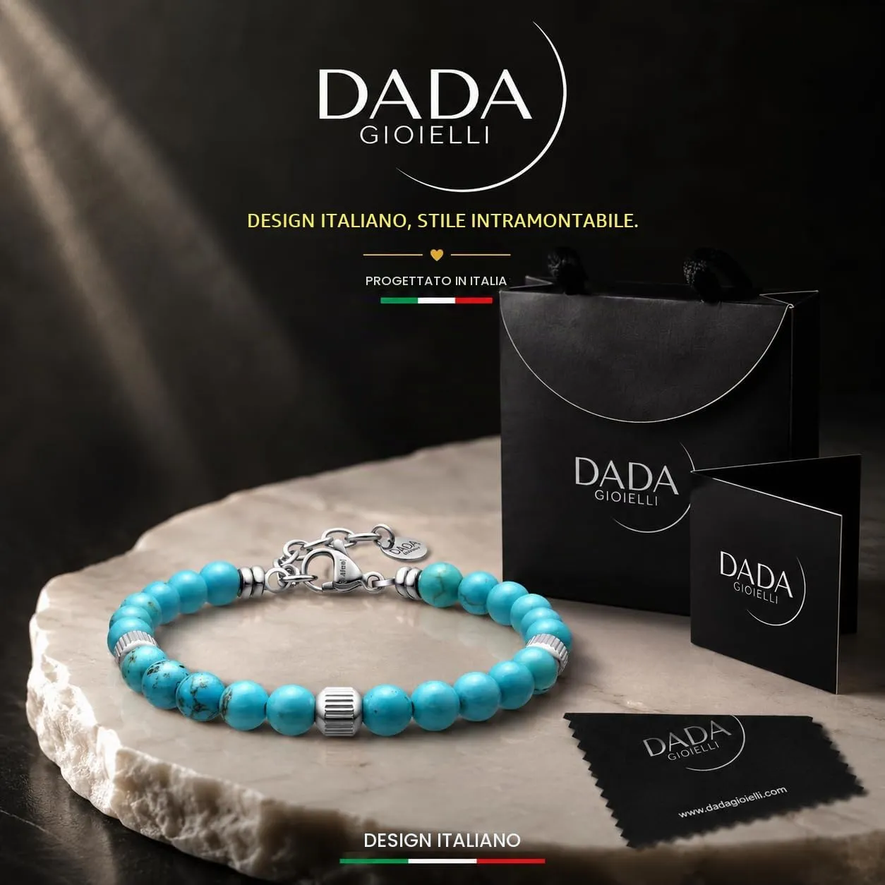 Dada Gioielli - Bracciale Uomo resistente, Beads Acciaio con Pietre Naturali 6mm Onice, Turchese, Sodalite, Occhio Di Tigre, Agata Muschiata, Ossidiana Rossa, Ossidiana Nera (Turchese) - immagine 3