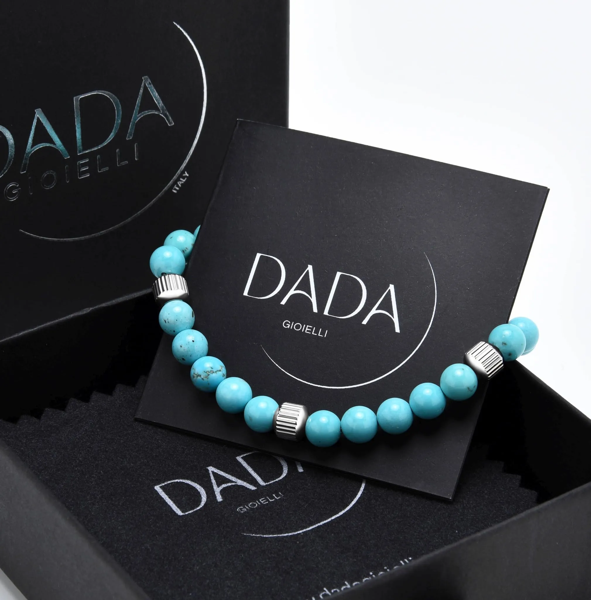 Dada Gioielli - Bracciale Uomo resistente, Beads Acciaio con Pietre Naturali 6mm Onice, Turchese, Sodalite, Occhio Di Tigre, Agata Muschiata, Ossidiana Rossa, Ossidiana Nera (Turchese) - immagine 5