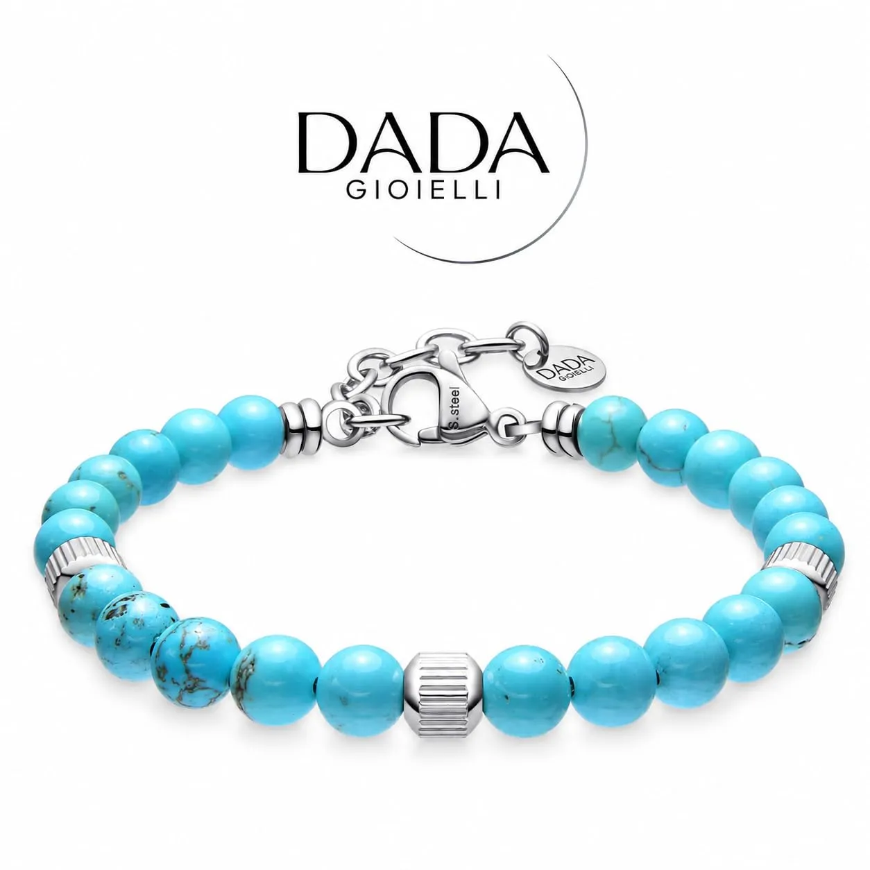 Dada Gioielli - Bracciale Uomo resistente, Beads Acciaio con Pietre Naturali 6mm Onice, Turchese, Sodalite, Occhio Di Tigre, Agata Muschiata, Ossidiana Rossa, Ossidiana Nera (Turchese) - immagine 6