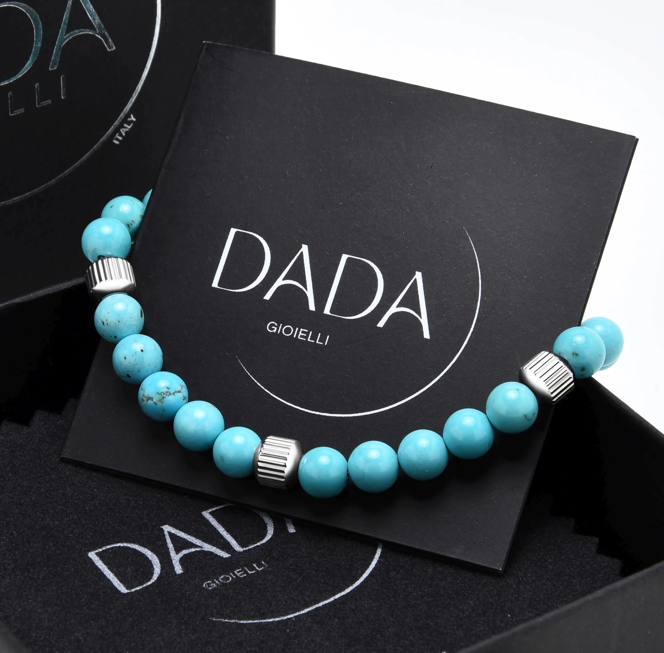Dada Gioielli - Bracciale Uomo resistente, Beads Acciaio con Pietre Naturali 6mm Onice, Turchese, Sodalite, Occhio Di Tigre, Agata Muschiata, Ossidiana Rossa, Ossidiana Nera (Turchese) - immagine 9