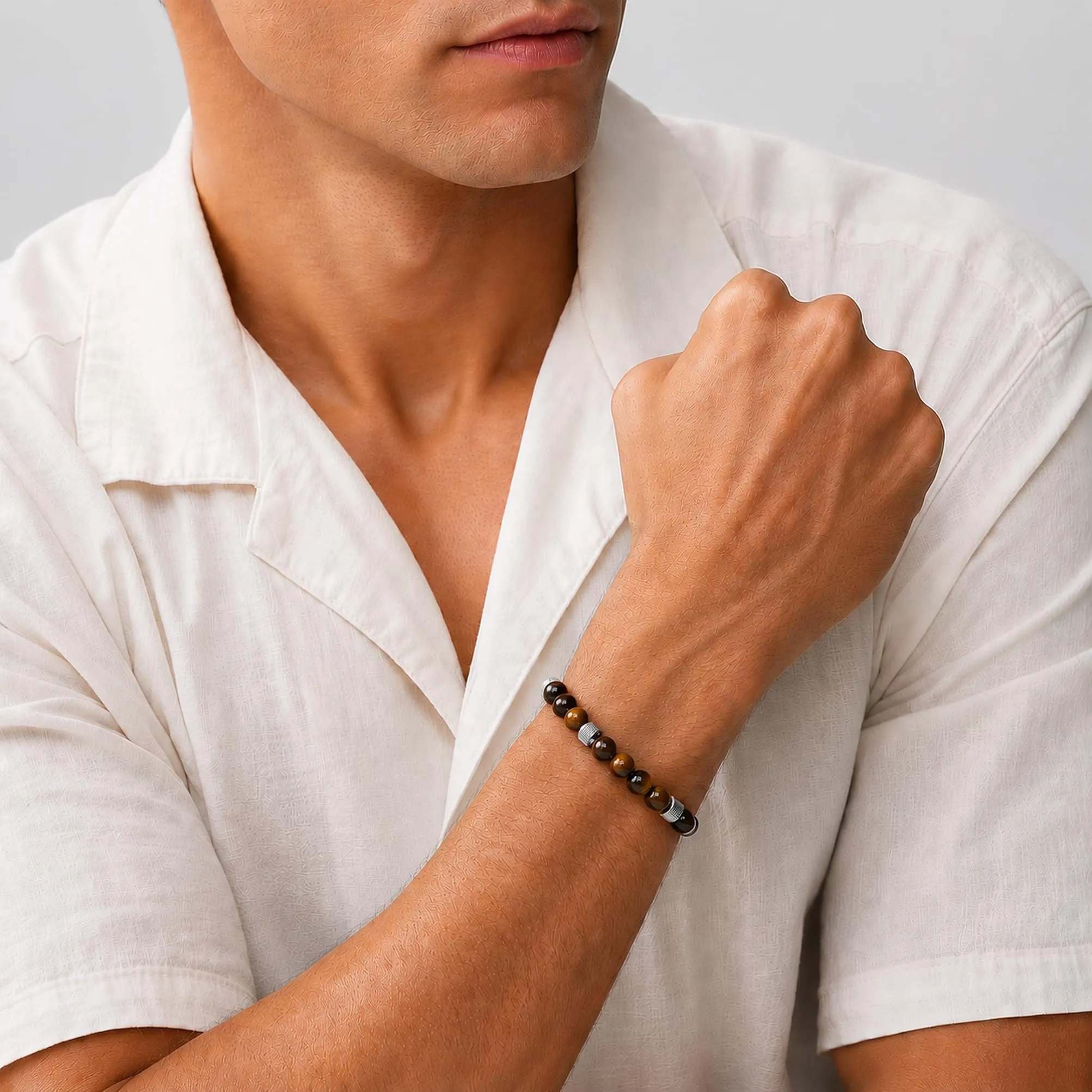 Dada Gioielli - Bracciale Uomo resistente, Beads Acciaio con Pietre Naturali 6mm Onice, Turchese, Sodalite, Occhio Di Tigre, Agata Muschiata, Ossidiana Rossa, Ossidiana Nera (Occhio Di Tigre) - immagine 2