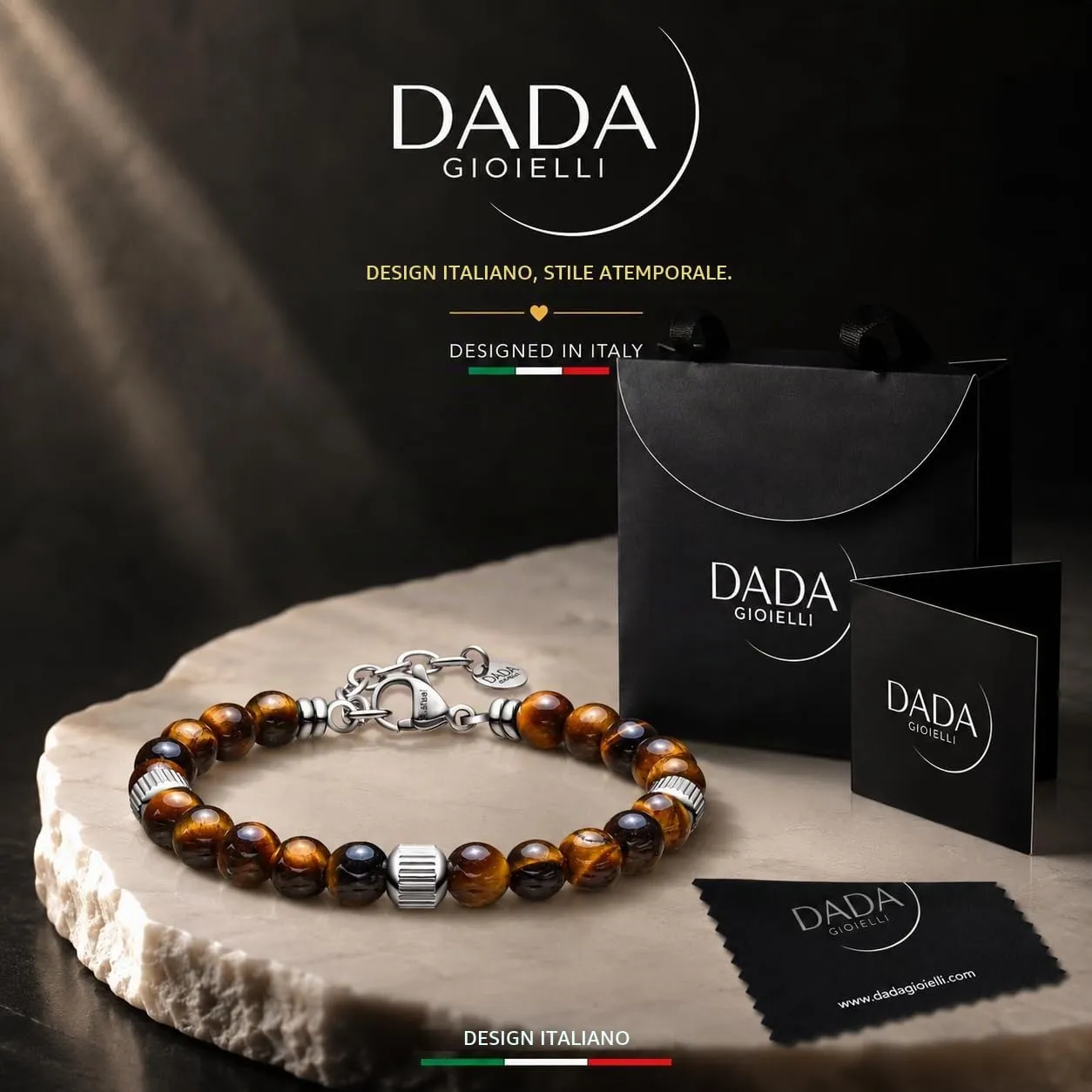 Dada Gioielli - Bracciale Uomo resistente, Beads Acciaio con Pietre Naturali 6mm Onice, Turchese, Sodalite, Occhio Di Tigre, Agata Muschiata, Ossidiana Rossa, Ossidiana Nera (Occhio Di Tigre) - immagine 3