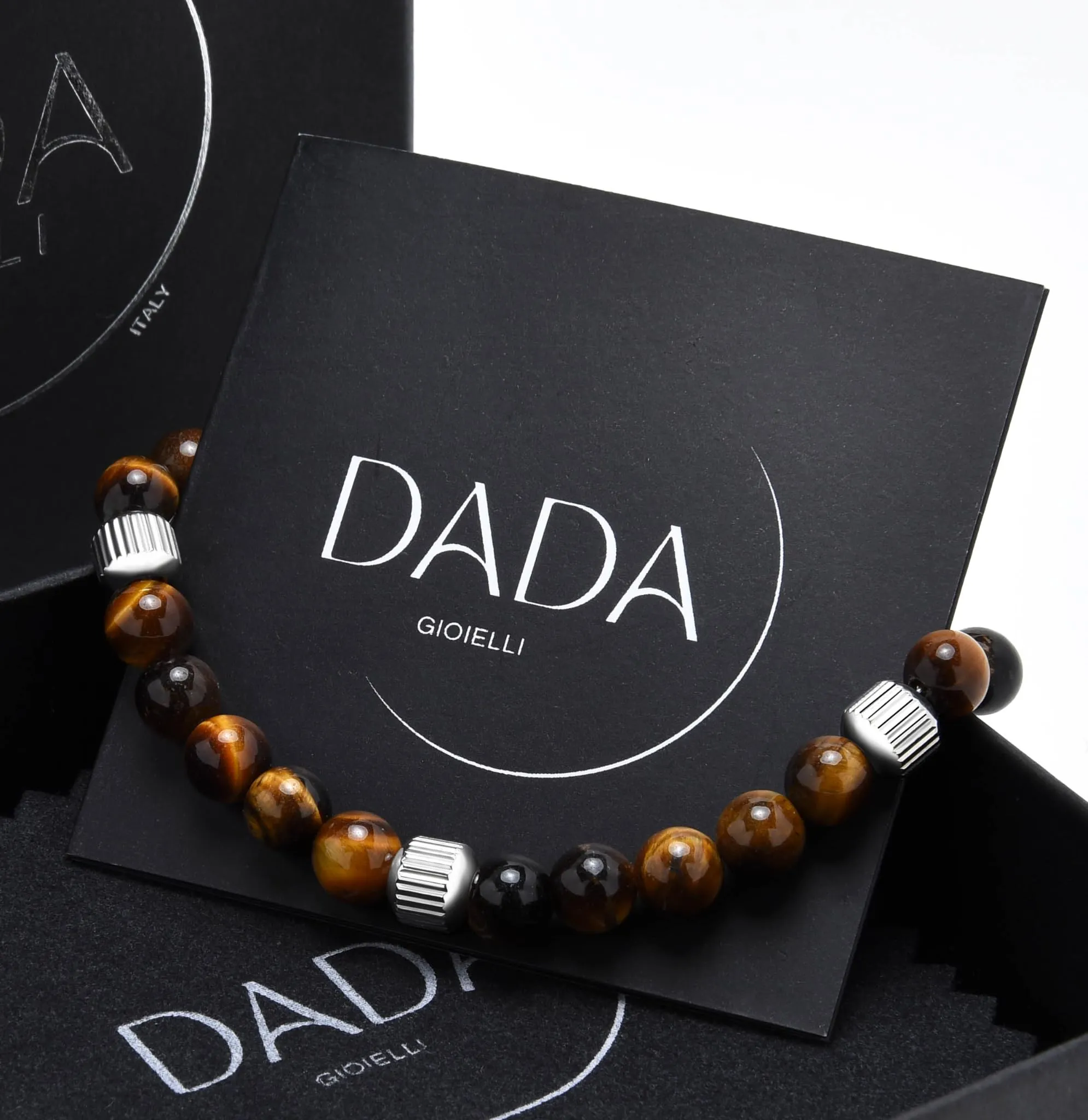 Dada Gioielli - Bracciale Uomo resistente, Beads Acciaio con Pietre Naturali 6mm Onice, Turchese, Sodalite, Occhio Di Tigre, Agata Muschiata, Ossidiana Rossa, Ossidiana Nera (Occhio Di Tigre) - immagine 5