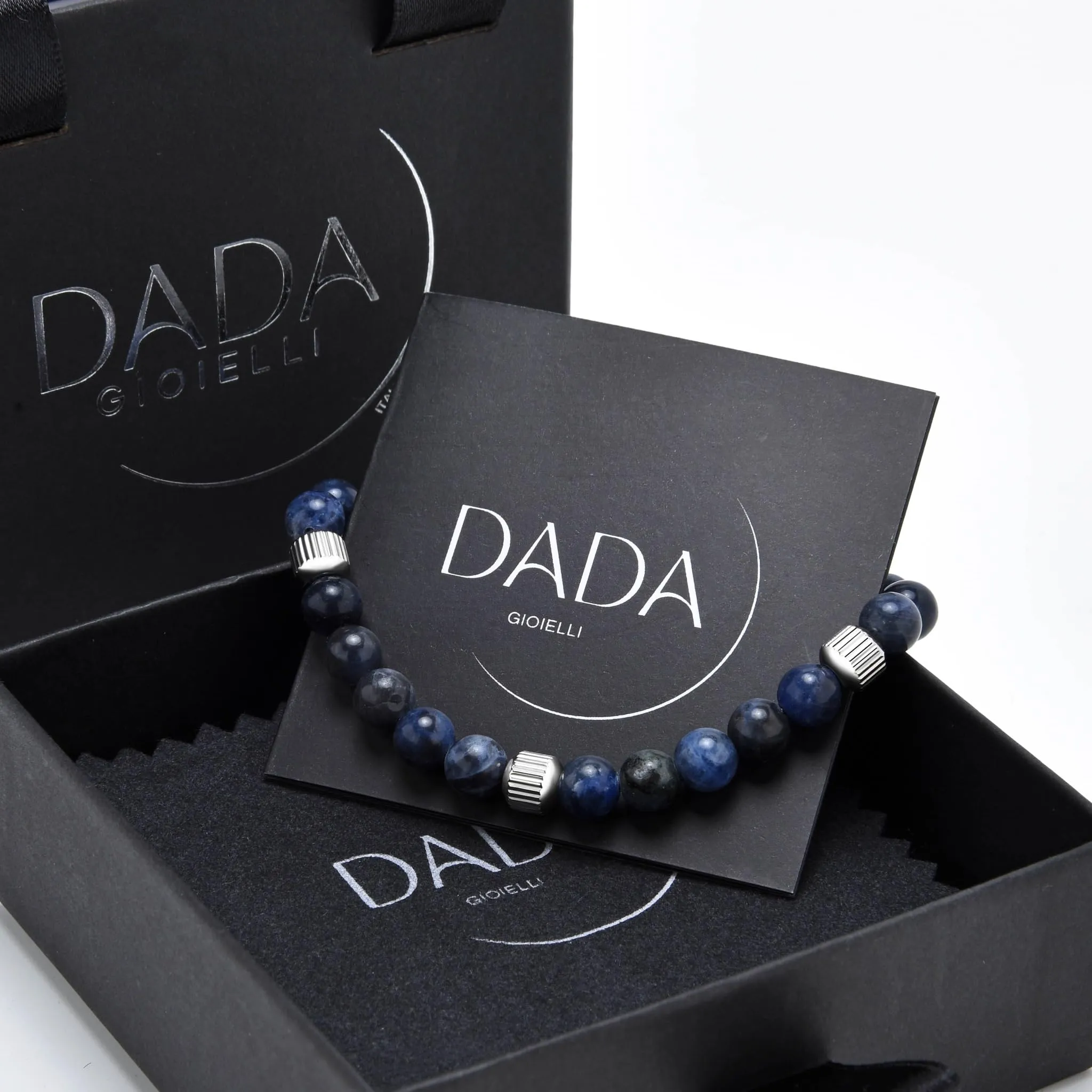 Dada Gioielli - Bracciale Uomo resistente, Beads Acciaio con Pietre Naturali 6mm Onice, Turchese, Sodalite, Occhio Di Tigre, Agata Muschiata, Ossidiana Rossa, Ossidiana Nera (Sodalite) - immagine 5