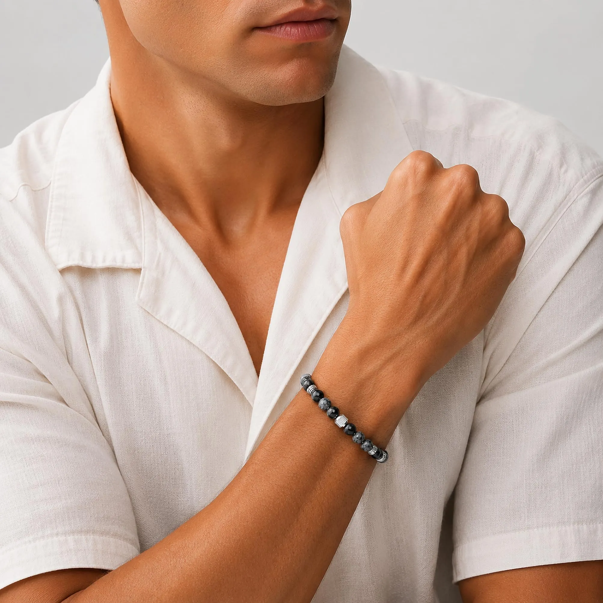 Dada Gioielli - Bracciale Uomo resistente, Beads Acciaio con Pietre Naturali 6mm Onice, Turchese, Sodalite, Occhio Di Tigre, Agata Muschiata, Ossidiana Rossa, Ossidiana Nera (Ossidiana Nera) - immagine 2