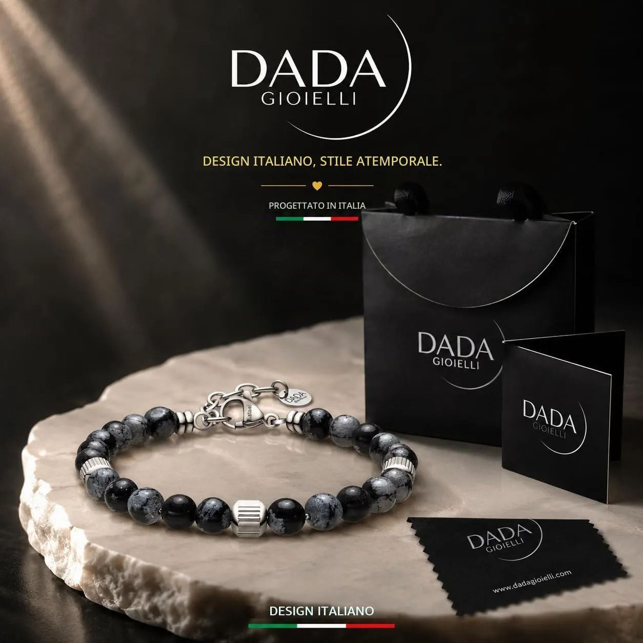 Dada Gioielli - Bracciale Uomo resistente, Beads Acciaio con Pietre Naturali 6mm Onice, Turchese, Sodalite, Occhio Di Tigre, Agata Muschiata, Ossidiana Rossa, Ossidiana Nera (Ossidiana Nera) - immagine 3
