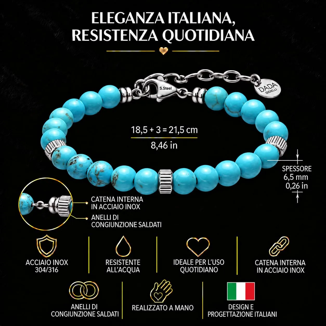 Dada Gioielli - Bracciale Uomo resistente, Beads Acciaio con Pietre Naturali 6mm Onice, Turchese, Sodalite, Occhio Di Tigre, Agata Muschiata, Ossidiana Rossa, Ossidiana Nera (Ossidiana Nera) - immagine 4