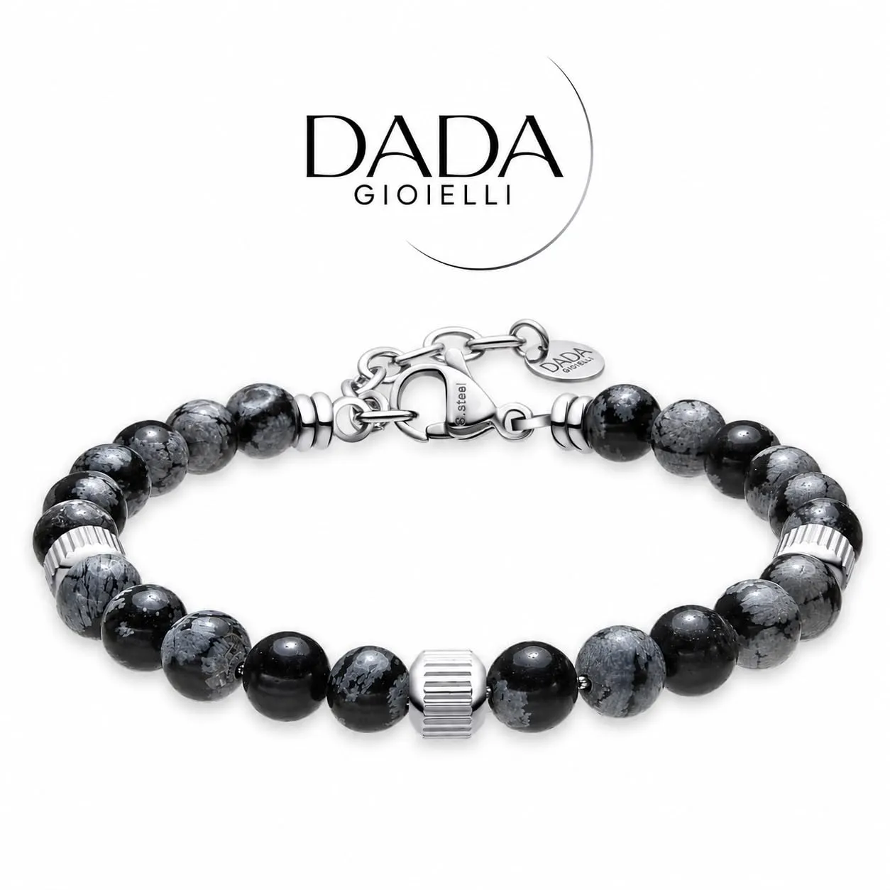 Dada Gioielli - Bracciale Uomo resistente, Beads Acciaio con Pietre Naturali 6mm Onice, Turchese, Sodalite, Occhio Di Tigre, Agata Muschiata, Ossidiana Rossa, Ossidiana Nera (Ossidiana Nera) - immagine 6