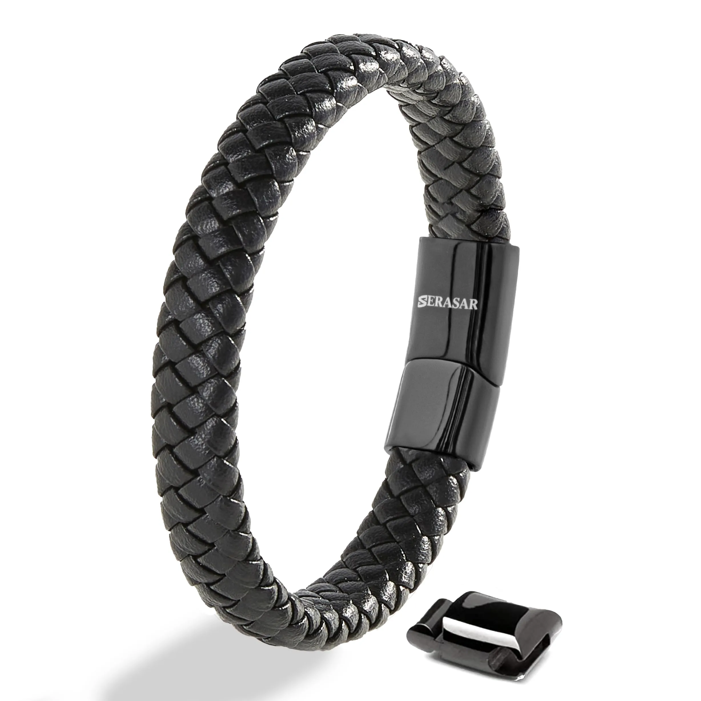 SERASAR Bracciale Uomo Cuoio Braccialetto Pelle Nera Acciaio Regalo 20cm - immagine 1
