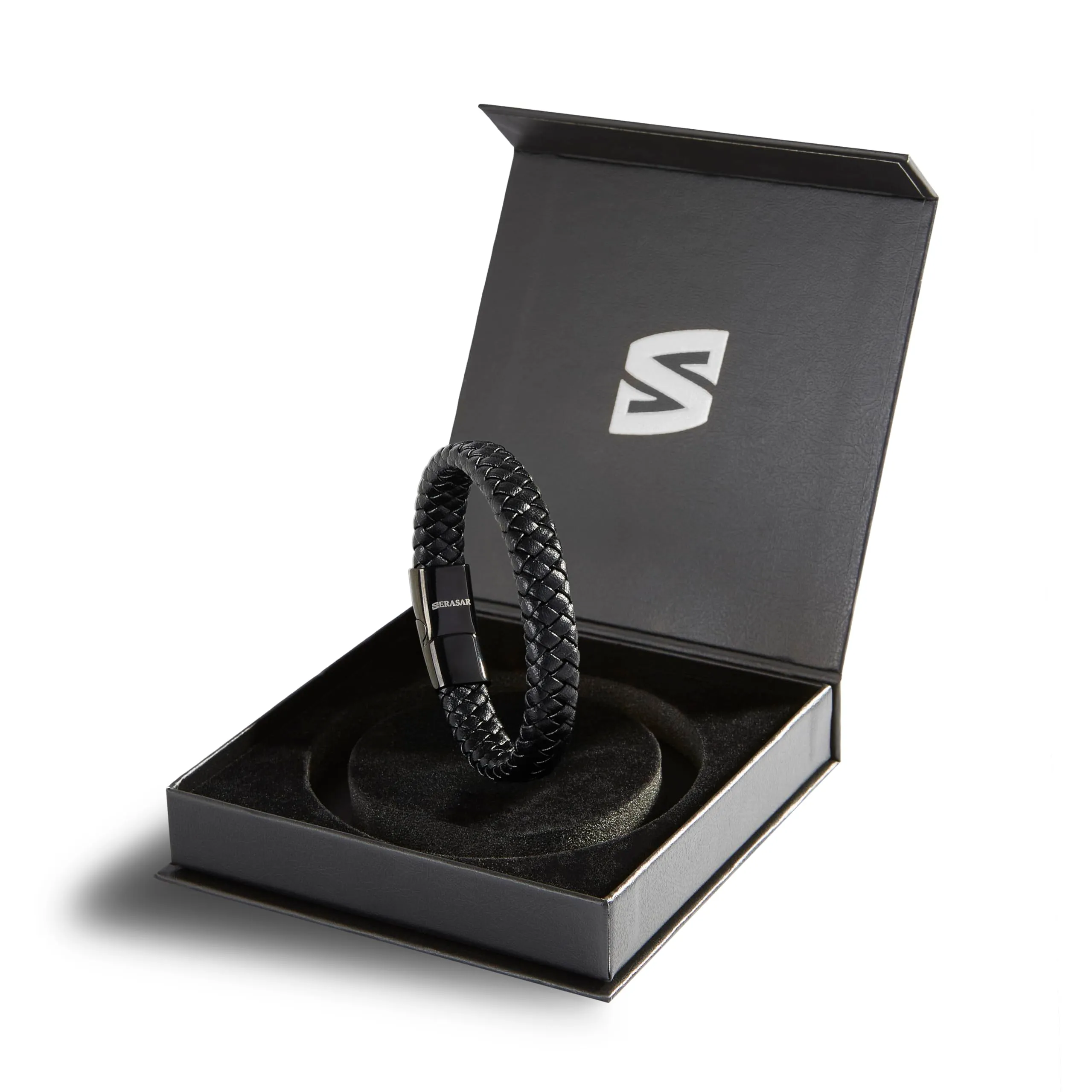 SERASAR Bracciale Uomo Cuoio Braccialetto Pelle Nera Acciaio Regalo 20cm - immagine 2