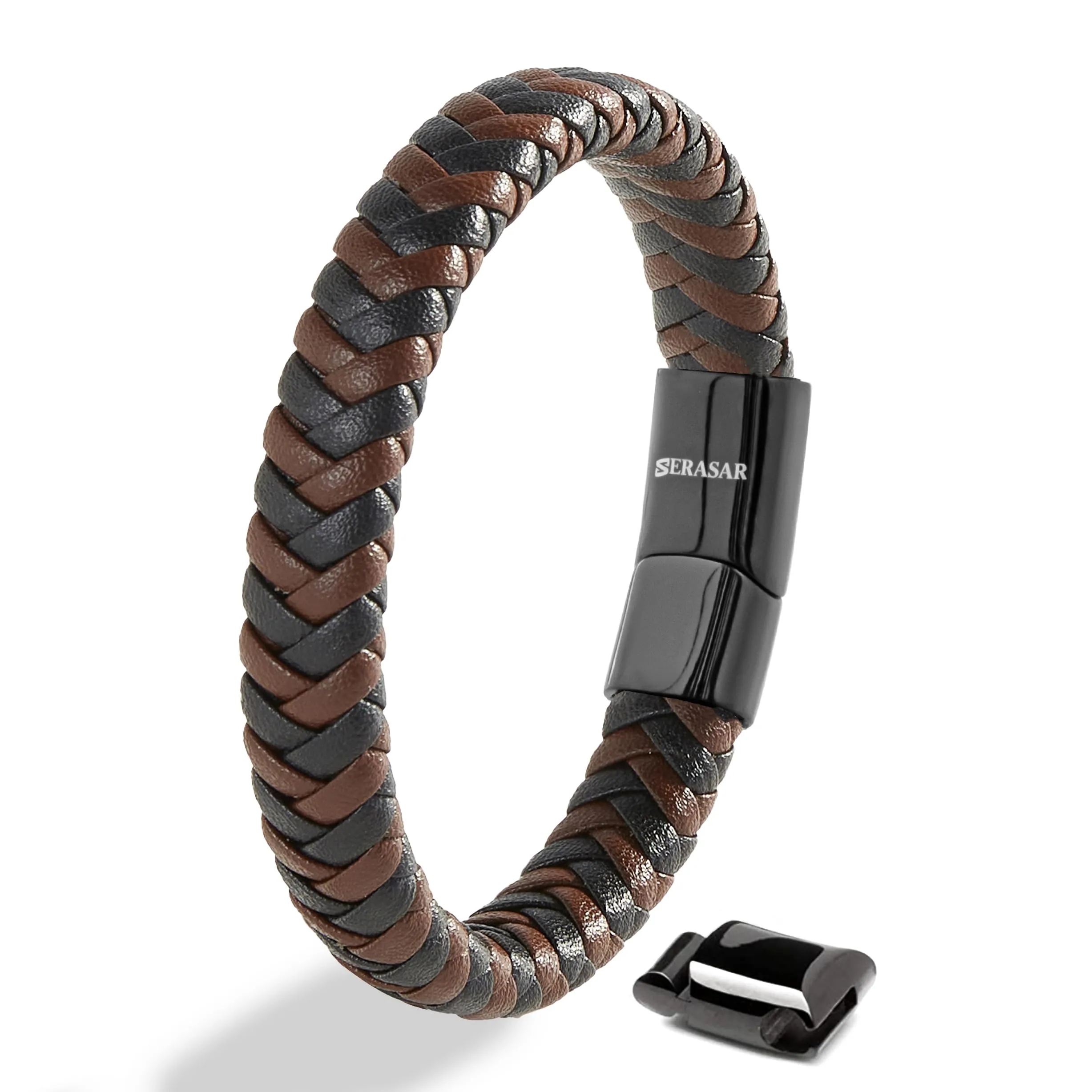 SERASAR Bracciale Uomo Cuoio Braccialetto Pelle Marrone Gioielli Papa 23cm - immagine 1