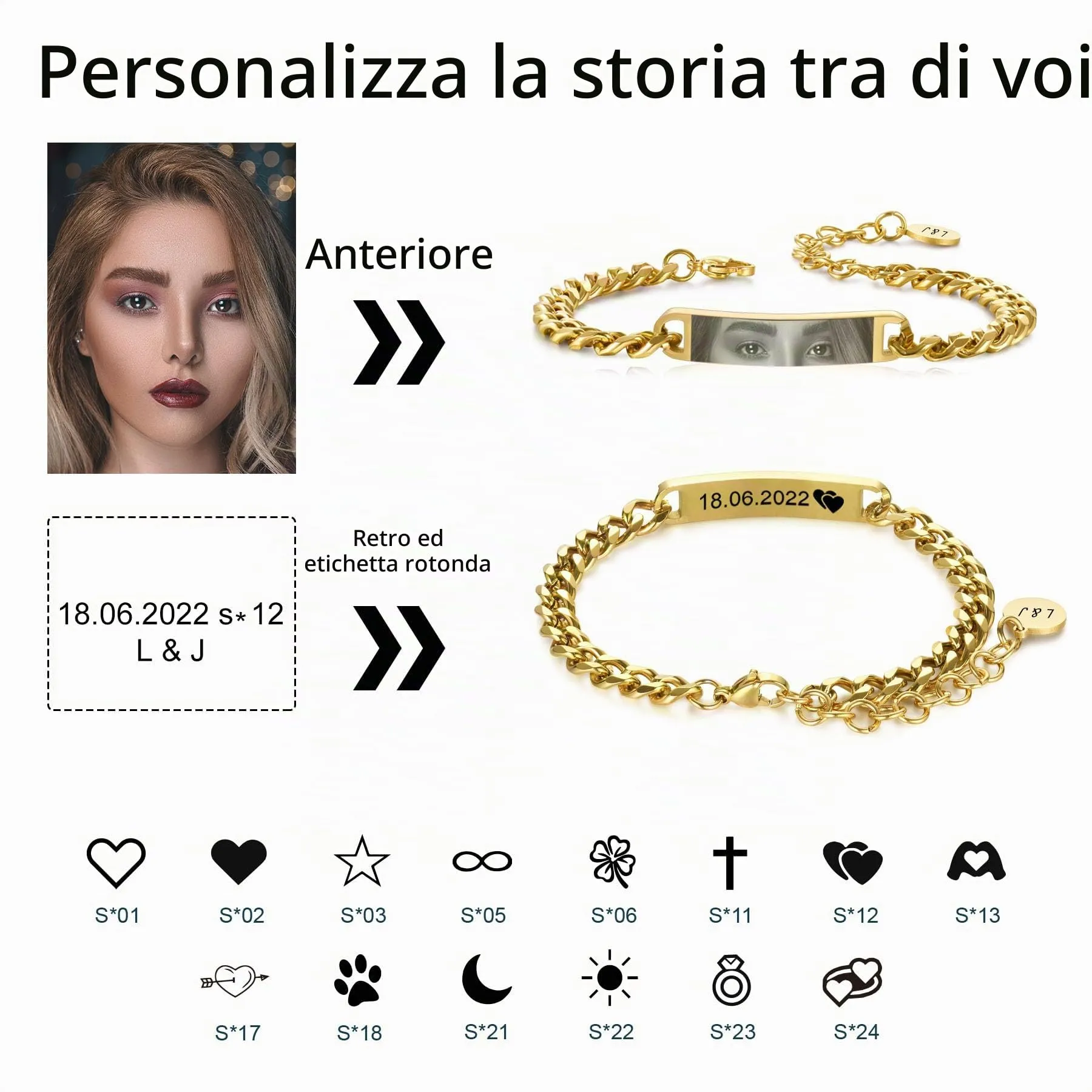 MeMeDIY Bracciale Uomo con Foto Occhi Personalizzata Braccialetto Acciaio Inossidabile Regolabile con Incisione Foto/Nome/Testo Regalo Personalizzati per Marito Fidanzato Coppia Anniversario - Oro - immagine 2
