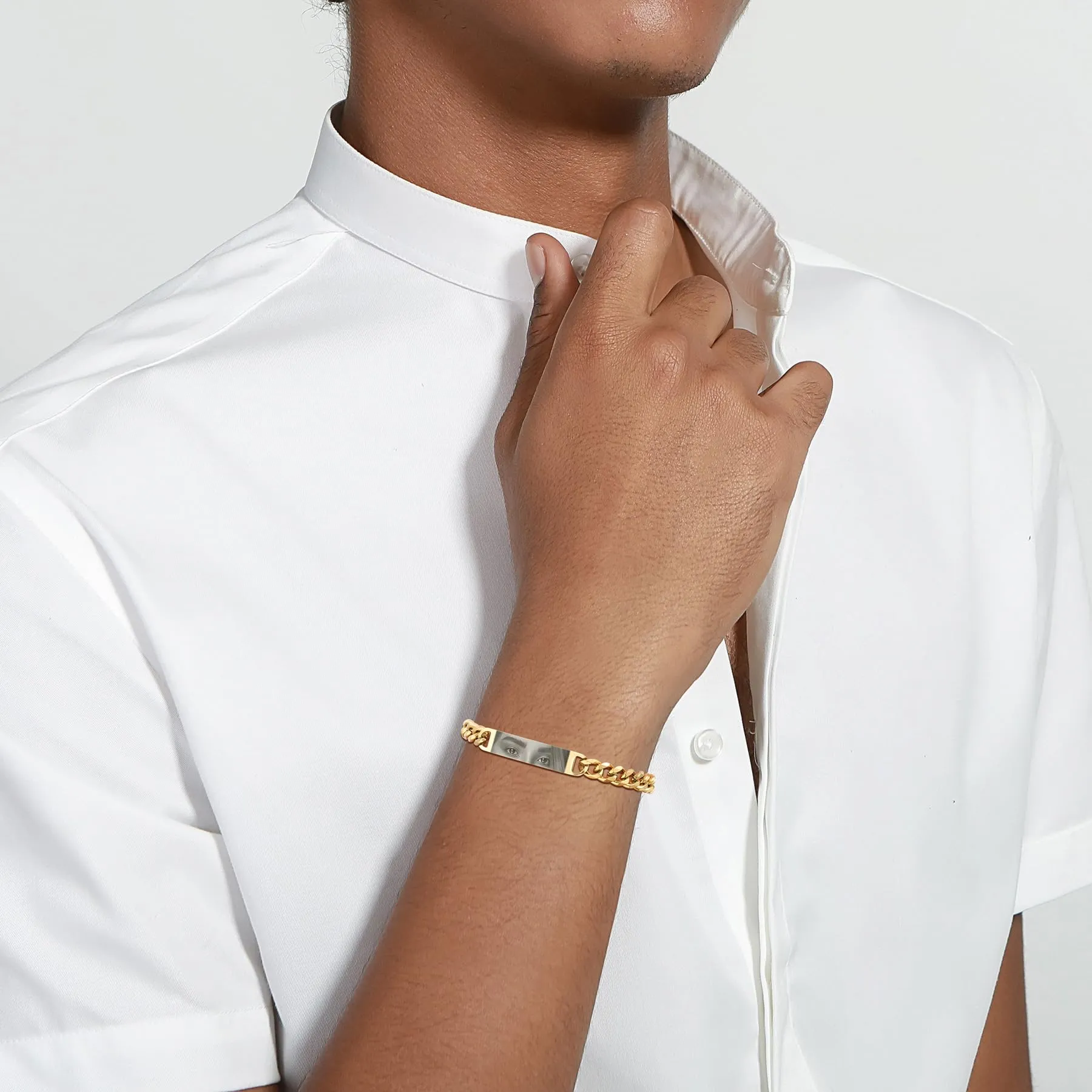 MeMeDIY Bracciale Uomo con Foto Occhi Personalizzata Braccialetto Acciaio Inossidabile Regolabile con Incisione Foto/Nome/Testo Regalo Personalizzati per Marito Fidanzato Coppia Anniversario - Oro - immagine 3