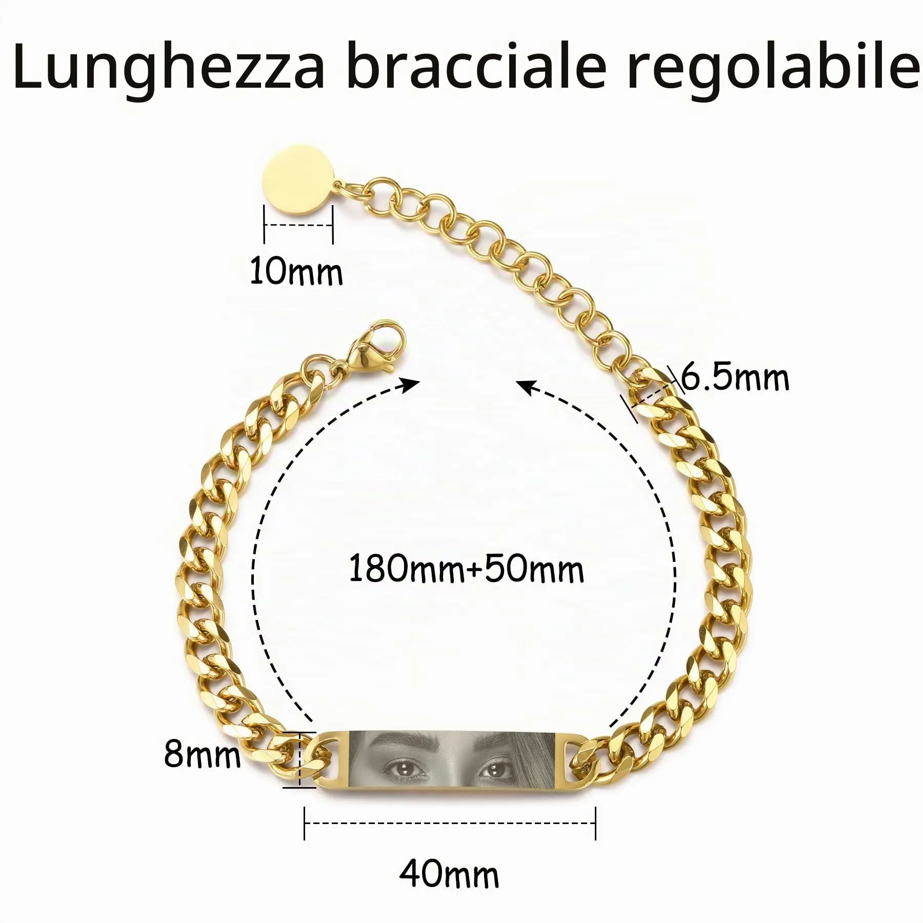 MeMeDIY Bracciale Uomo con Foto Occhi Personalizzata Braccialetto Acciaio Inossidabile Regolabile con Incisione Foto/Nome/Testo Regalo Personalizzati per Marito Fidanzato Coppia Anniversario - Oro - immagine 6