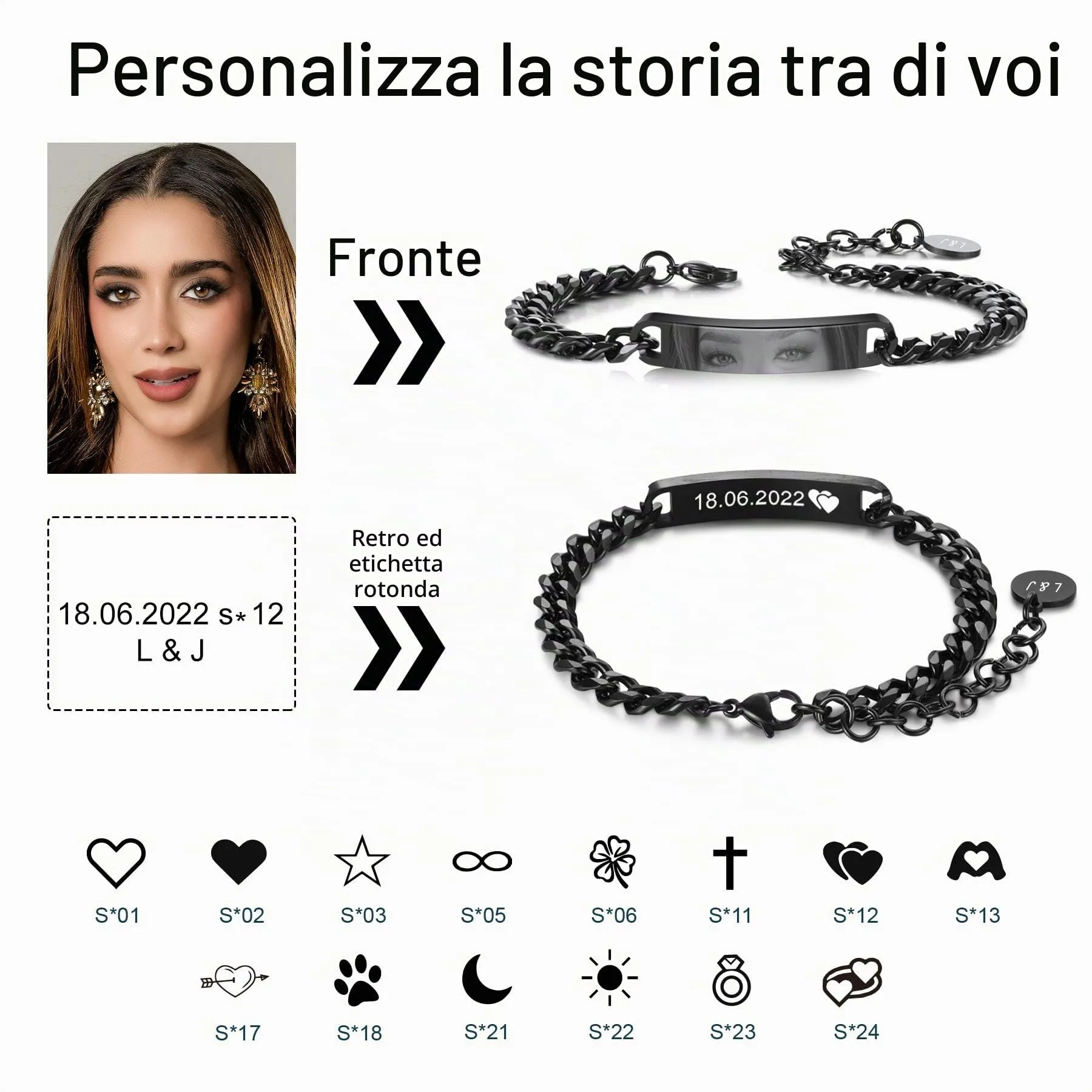 MeMeDIY Bracciale Uomo con Foto Occhi Personalizzata Braccialetto Acciaio Inossidabile Regolabile con Incisione Foto/Nome/Testo Regalo Personalizzati per Marito Fidanzato Coppia Anniversario - Nero - immagine 2
