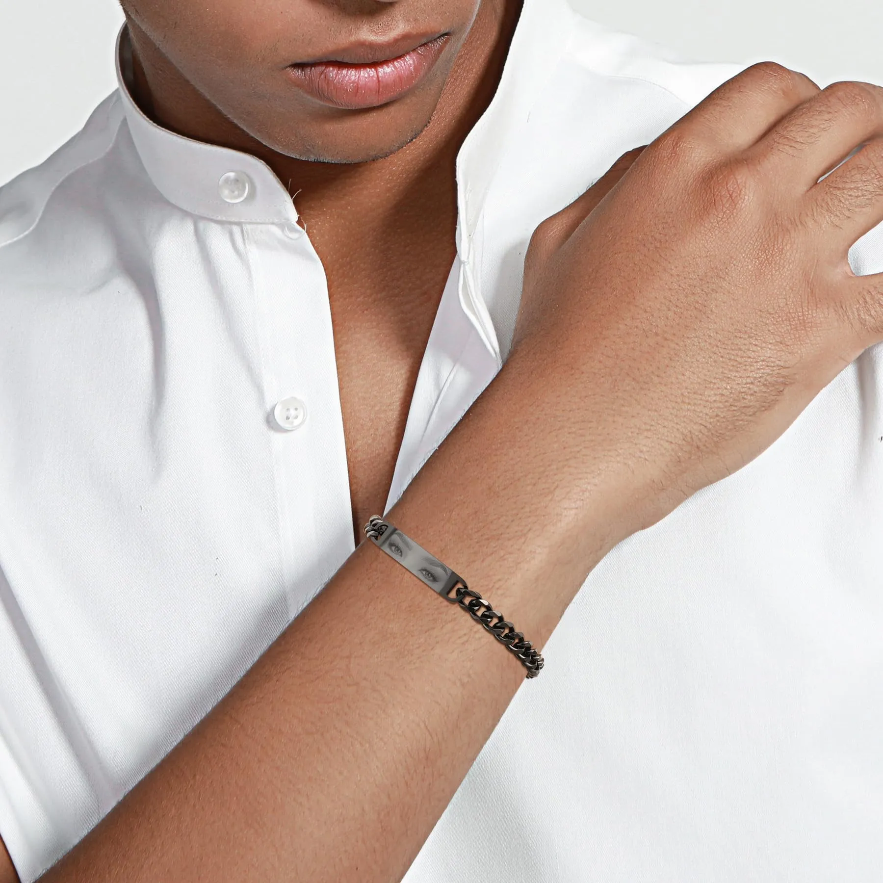 MeMeDIY Bracciale Uomo con Foto Occhi Personalizzata Braccialetto Acciaio Inossidabile Regolabile con Incisione Foto/Nome/Testo Regalo Personalizzati per Marito Fidanzato Coppia Anniversario - Nero - immagine 3