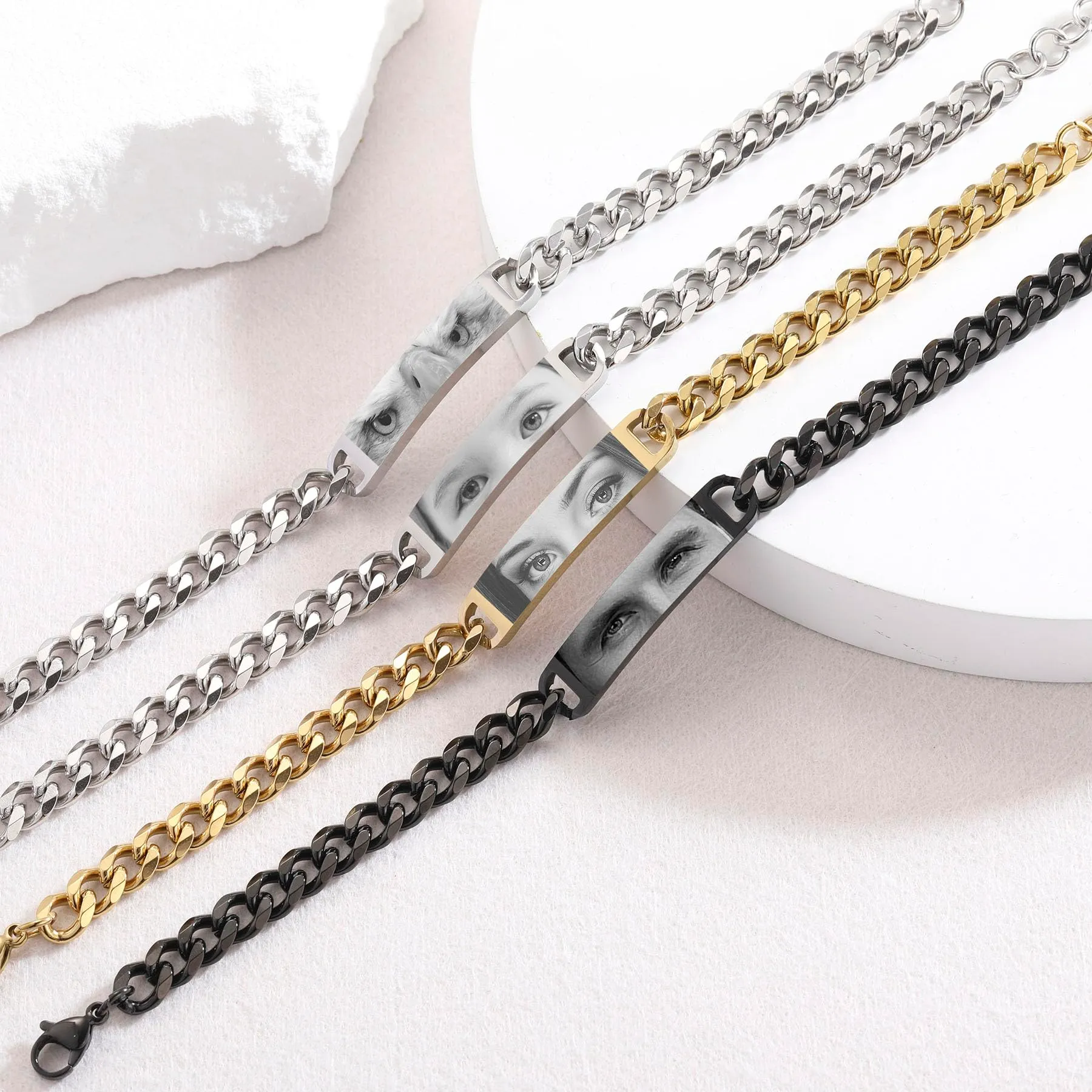 MeMeDIY Bracciale Uomo con Foto Occhi Personalizzata Braccialetto Acciaio Inossidabile Regolabile con Incisione Foto/Nome/Testo Regalo Personalizzati per Marito Fidanzato Coppia Anniversario - Nero - immagine 5
