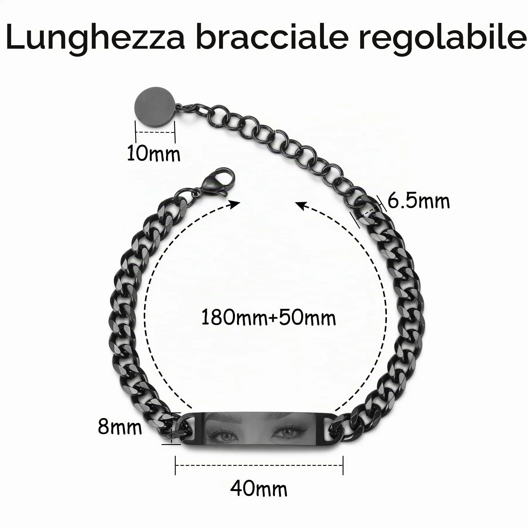 MeMeDIY Bracciale Uomo con Foto Occhi Personalizzata Braccialetto Acciaio Inossidabile Regolabile con Incisione Foto/Nome/Testo Regalo Personalizzati per Marito Fidanzato Coppia Anniversario - Nero - immagine 6