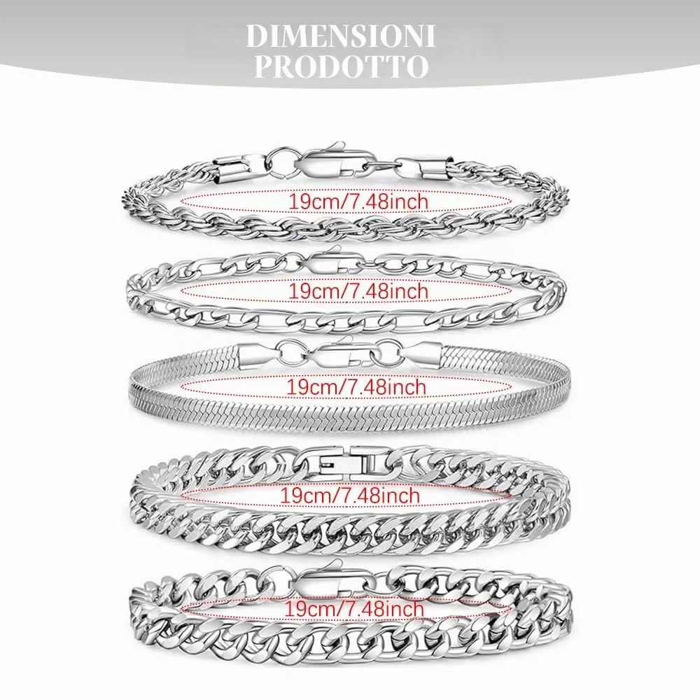 XFSRG Bracciale da uomo in argento 316L in acciaio inox cubano 5 Pezzi Robusto e Elegante Resistente Antiossidante Perfetto per Streetwear Casual Sovrapposizione di Accessori - immagine 2