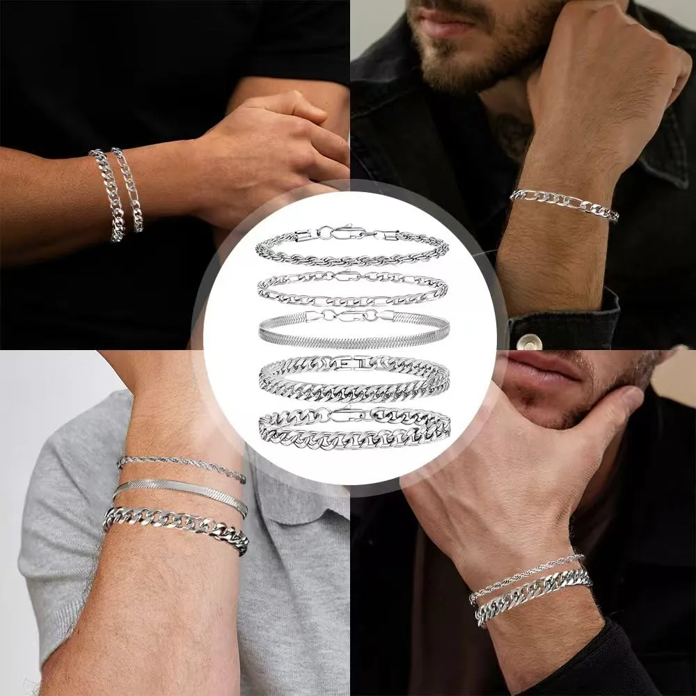 XFSRG Bracciale da uomo in argento 316L in acciaio inox cubano 5 Pezzi Robusto e Elegante Resistente Antiossidante Perfetto per Streetwear Casual Sovrapposizione di Accessori - immagine 6