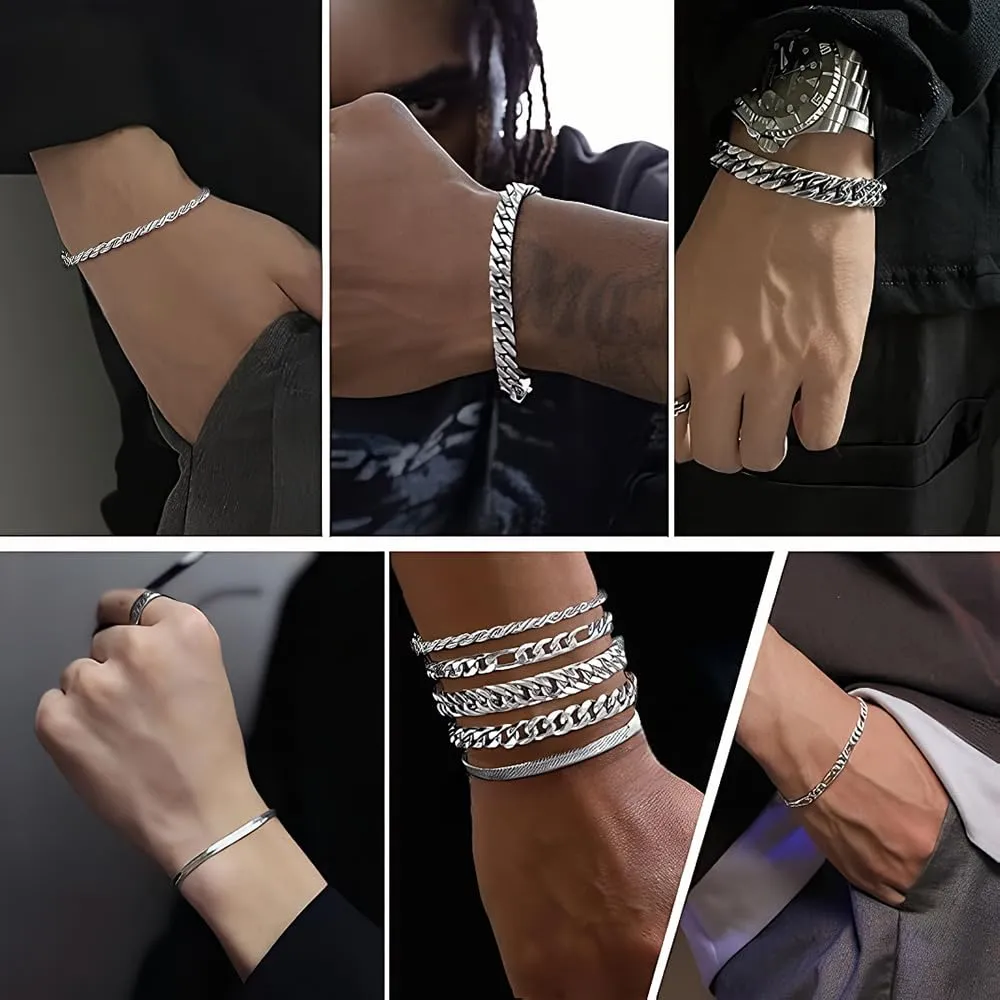 XFSRG Bracciale da uomo in argento 316L in acciaio inox cubano 5 Pezzi Robusto e Elegante Resistente Antiossidante Perfetto per Streetwear Casual Sovrapposizione di Accessori - immagine 7