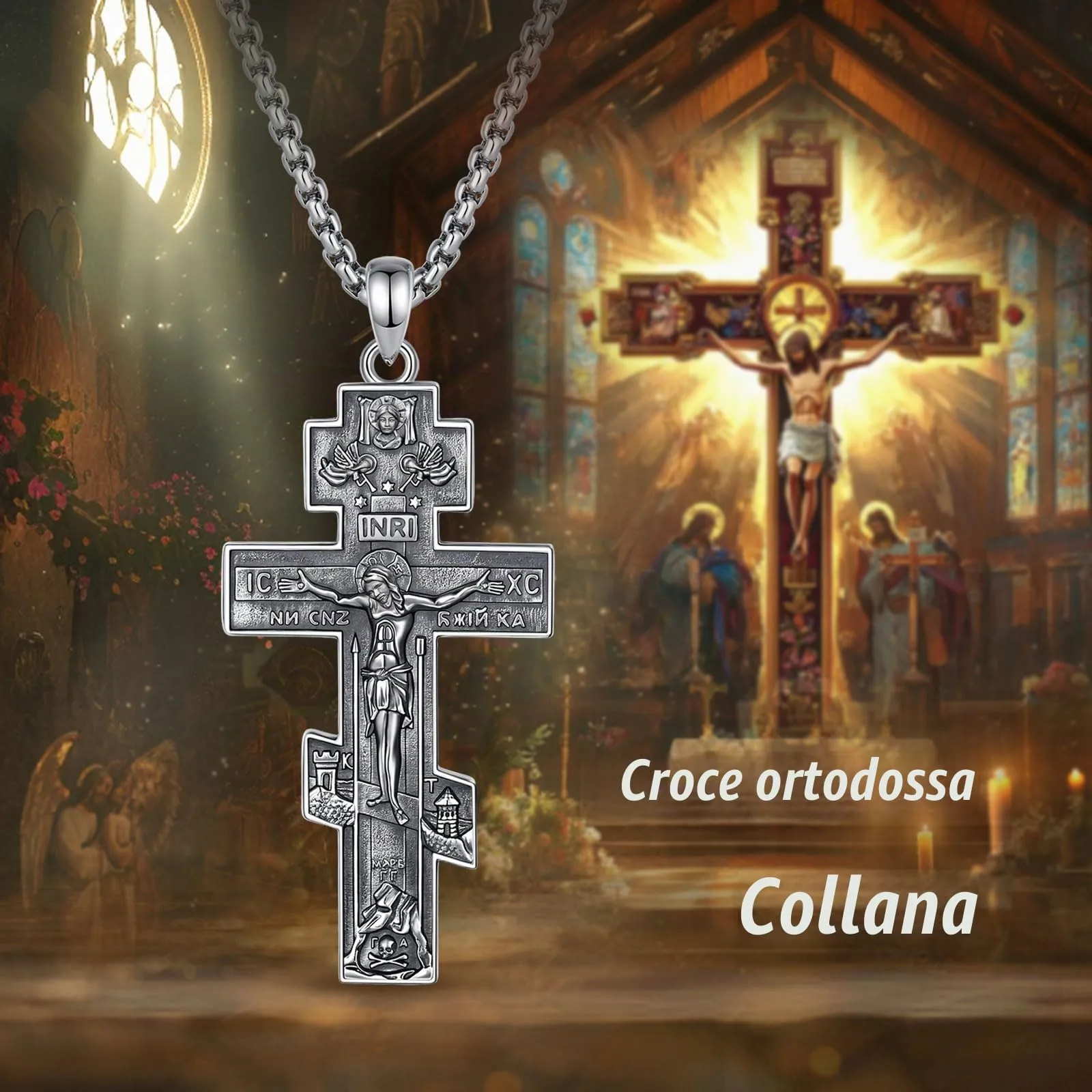 AEONSLOVE Collana Croce Ortodossa Uomo Argento 925 Crocifisso Ciondolo con Croce Cattolica Donna Medaglia Crocifissi Gesù Cristo Gioielli Cristiani Cattolici - immagine 4