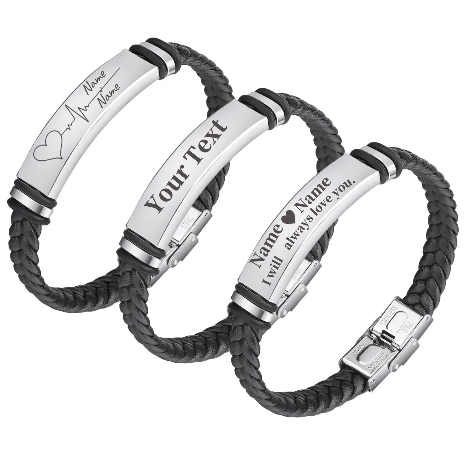 Bracciale Personalizzato Uomo, Bracciale in Pelle Inciso con Nome e Testo - immagine 1