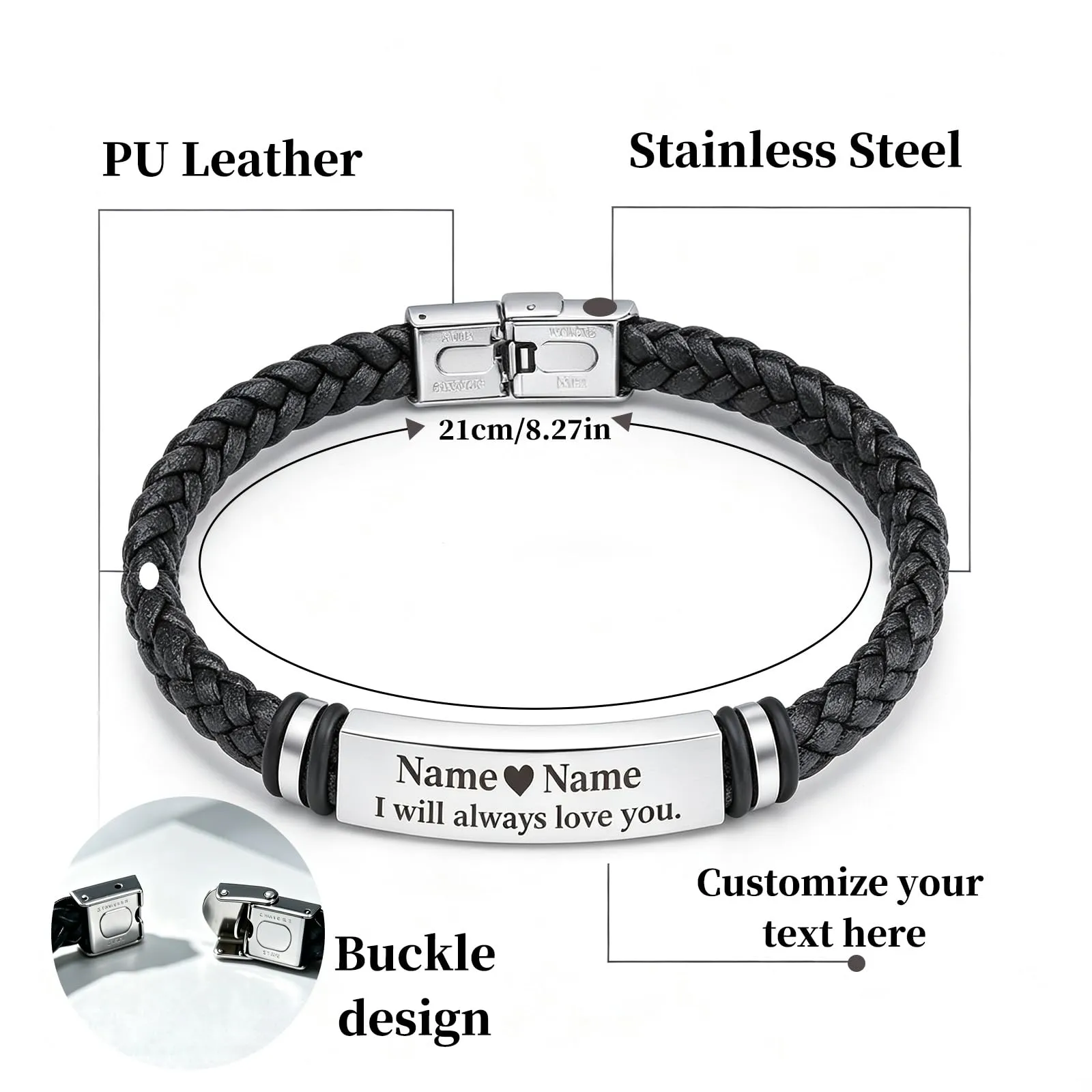 Bracciale Personalizzato Uomo, Bracciale in Pelle Inciso con Nome e Testo - immagine 3