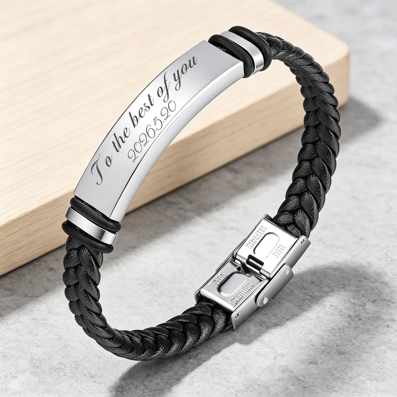 Bracciale Personalizzato Uomo, Bracciale in Pelle Inciso con Nome e Testo - immagine 4