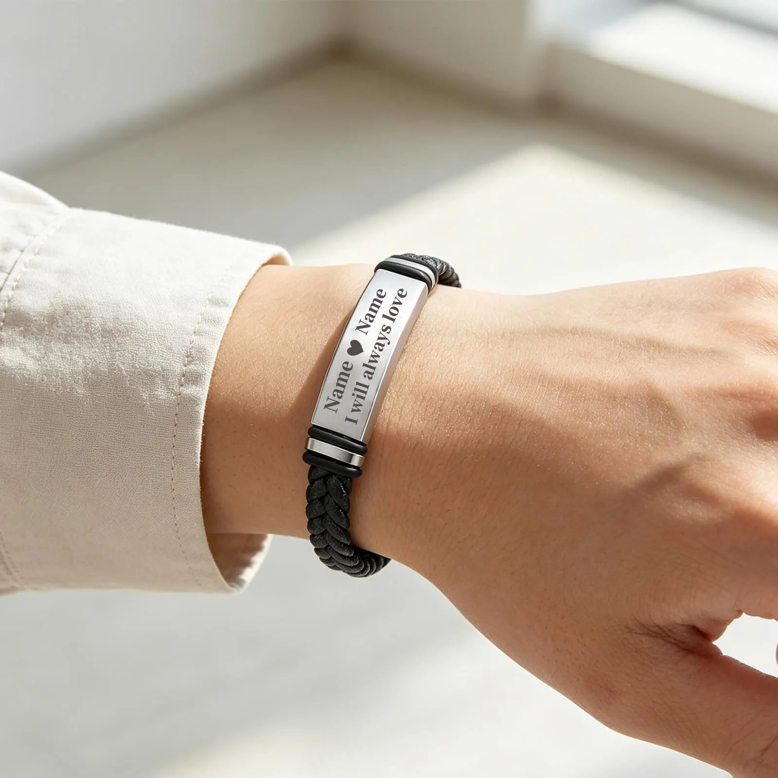 Bracciale Personalizzato Uomo, Bracciale in Pelle Inciso con Nome e Testo - immagine 5