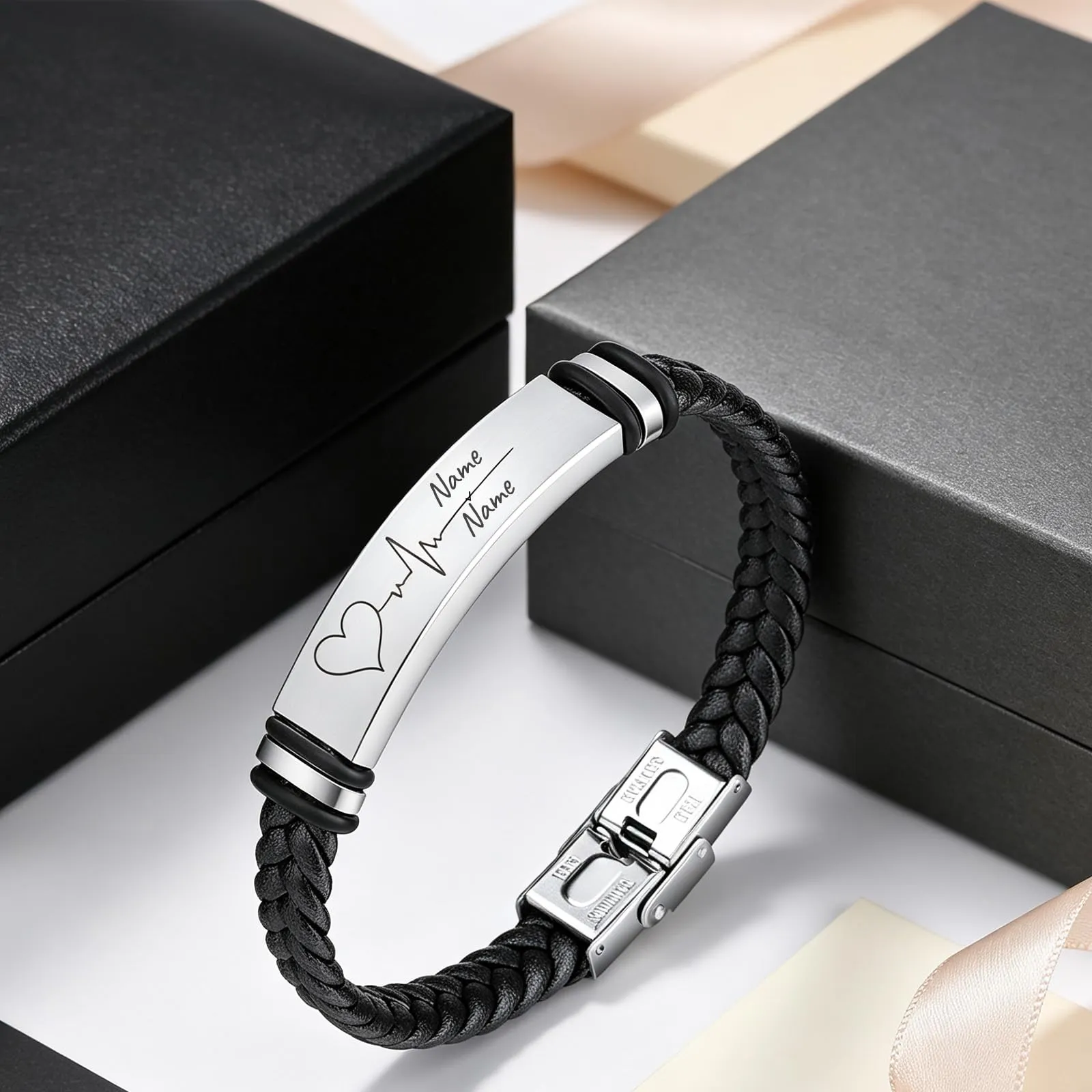 Bracciale Personalizzato Uomo, Bracciale in Pelle Inciso con Nome e Testo - immagine 7
