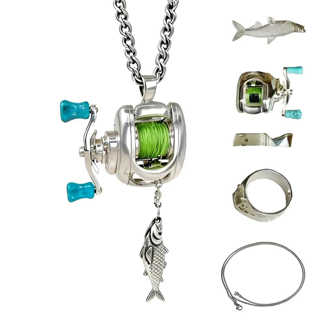 1 Pezzi Collana Pesce, Collana Con Mini Mulinello Da Pesca, Ciondolo 3 In 1 Con Manico Girevole, Guida Per Lenza Mobile E Clip Portachiavi, Gioielli In Lega Di Metallo Per Pescatori - immagine 1