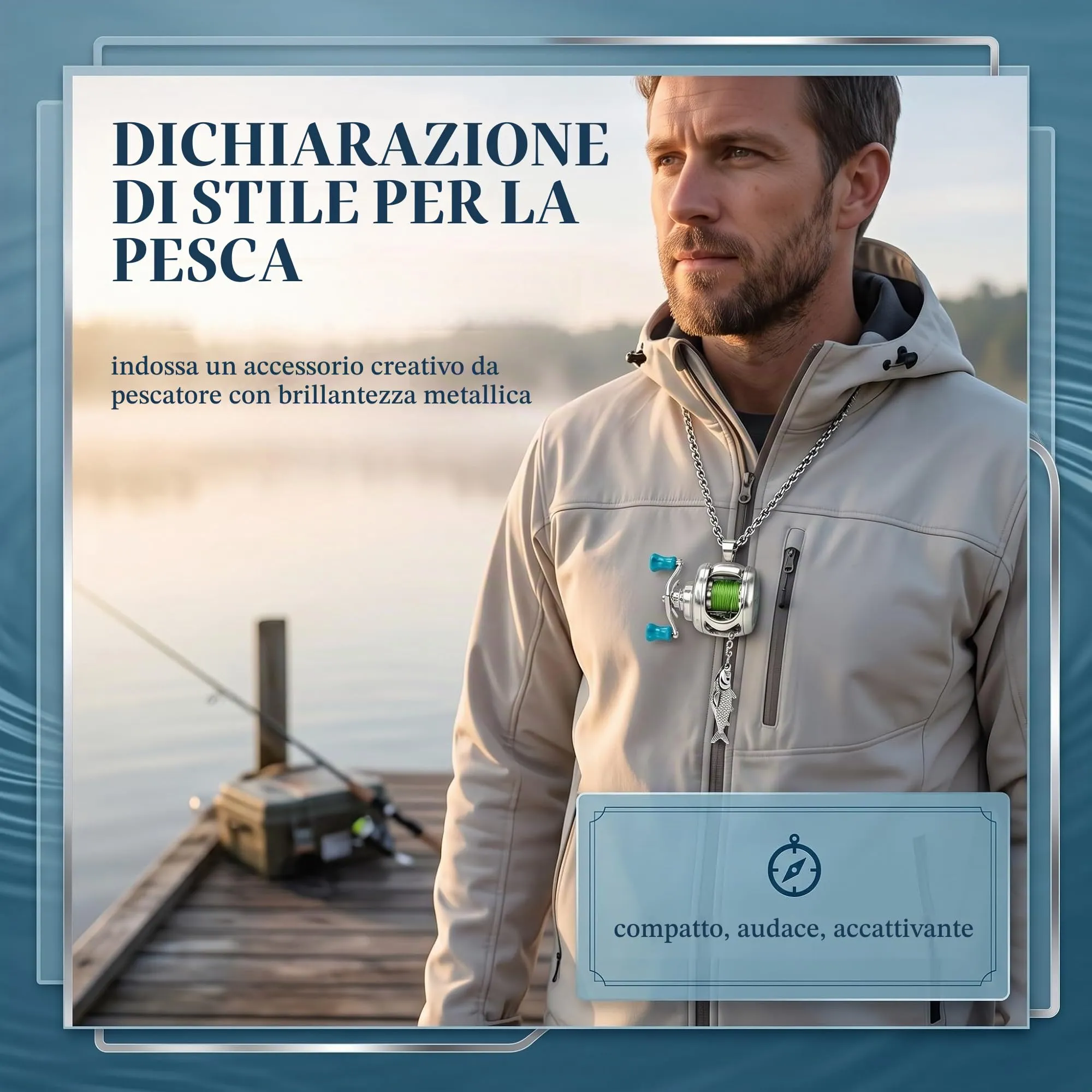 1 Pezzi Collana Pesce, Collana Con Mini Mulinello Da Pesca, Ciondolo 3 In 1 Con Manico Girevole, Guida Per Lenza Mobile E Clip Portachiavi, Gioielli In Lega Di Metallo Per Pescatori - immagine 2