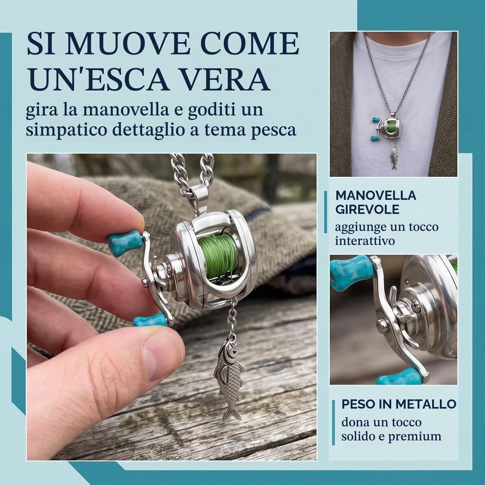 1 Pezzi Collana Pesce, Collana Con Mini Mulinello Da Pesca, Ciondolo 3 In 1 Con Manico Girevole, Guida Per Lenza Mobile E Clip Portachiavi, Gioielli In Lega Di Metallo Per Pescatori - immagine 3