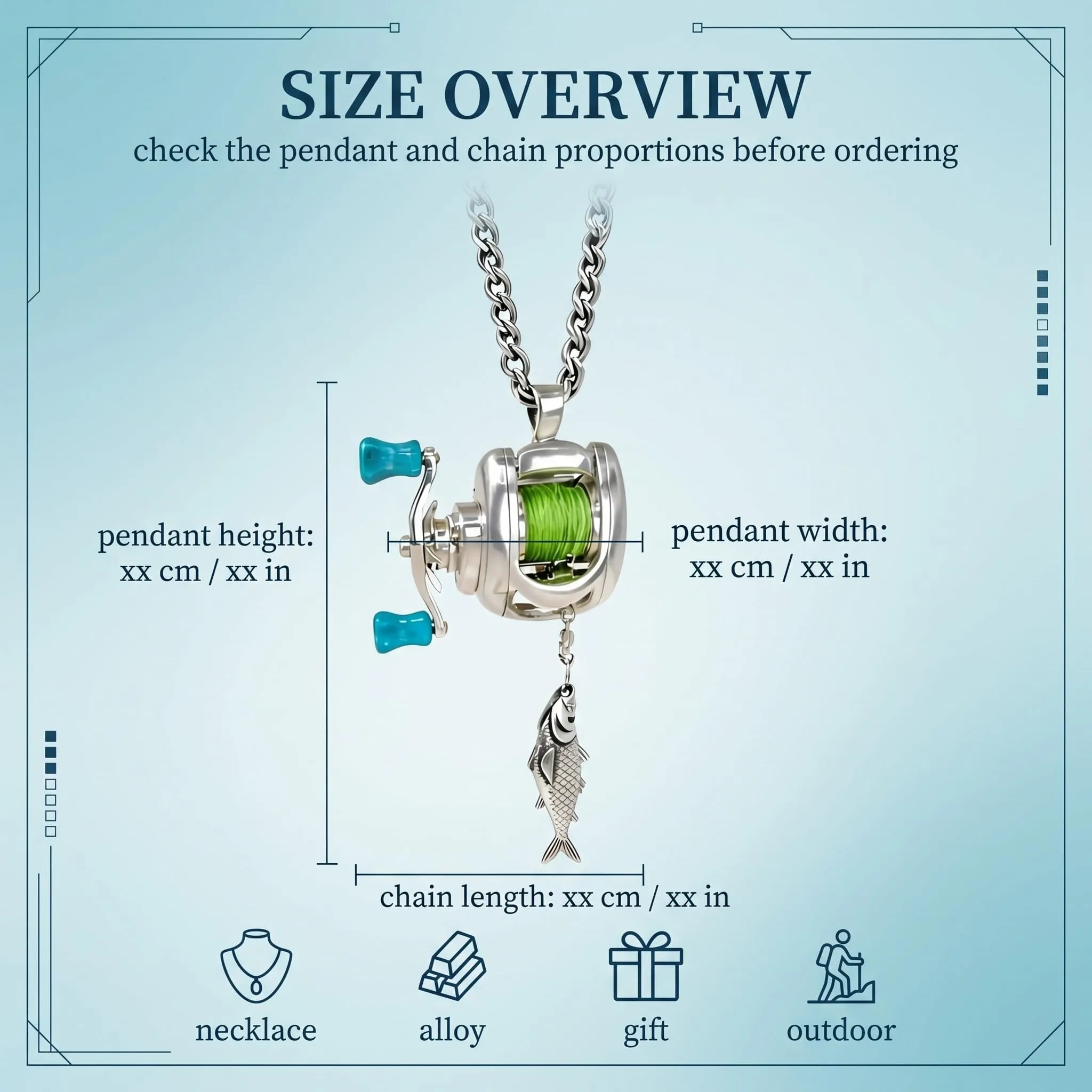 1 Pezzi Collana Pesce, Collana Con Mini Mulinello Da Pesca, Ciondolo 3 In 1 Con Manico Girevole, Guida Per Lenza Mobile E Clip Portachiavi, Gioielli In Lega Di Metallo Per Pescatori - immagine 4