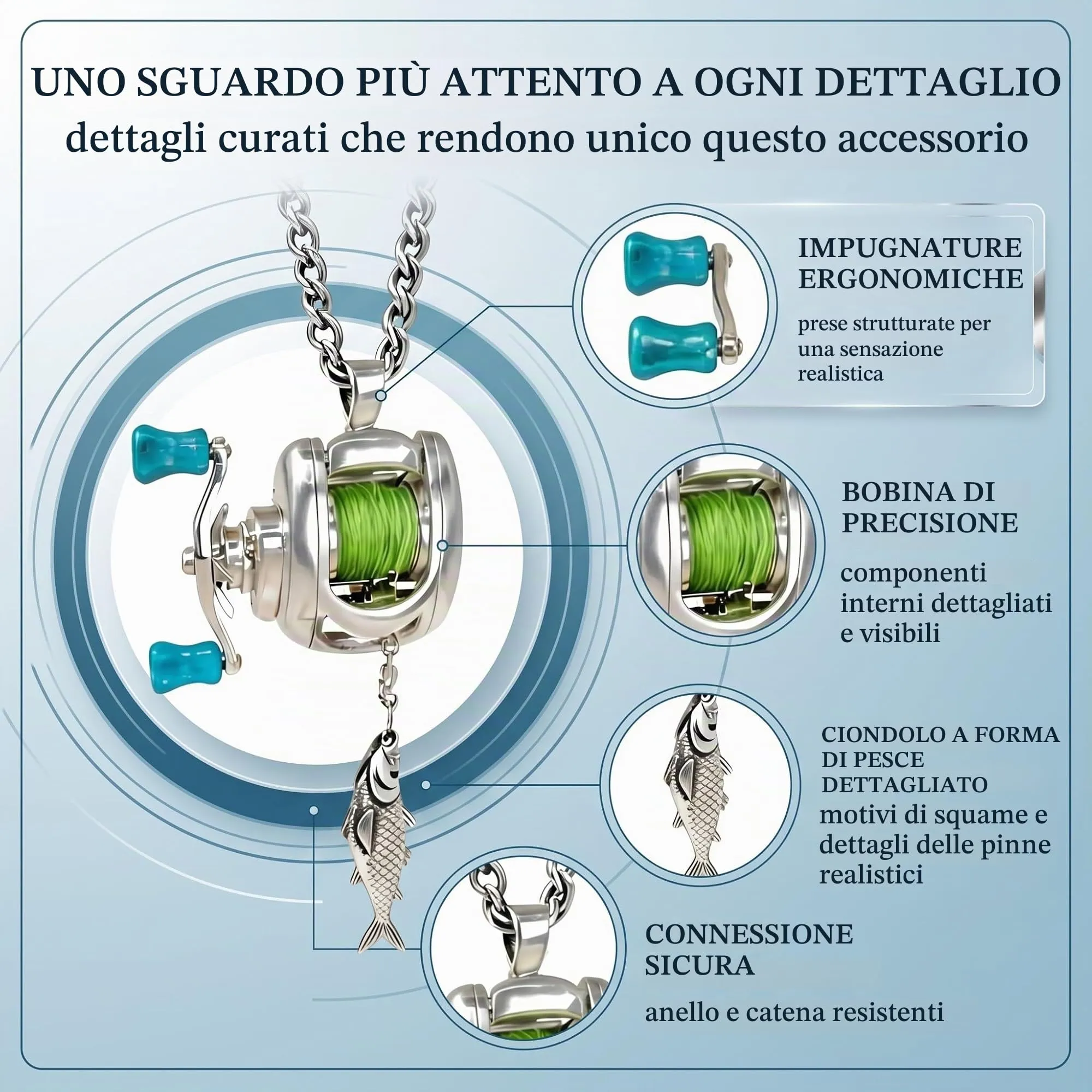 1 Pezzi Collana Pesce, Collana Con Mini Mulinello Da Pesca, Ciondolo 3 In 1 Con Manico Girevole, Guida Per Lenza Mobile E Clip Portachiavi, Gioielli In Lega Di Metallo Per Pescatori - immagine 5