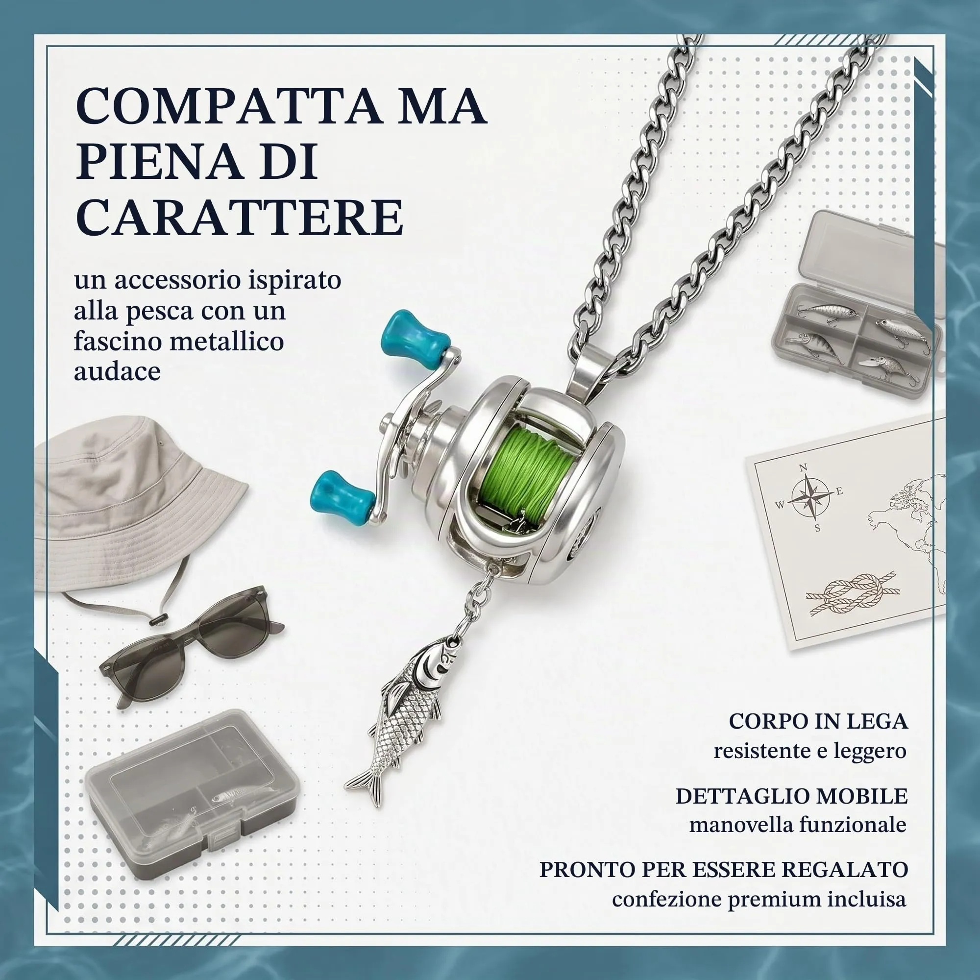 1 Pezzi Collana Pesce, Collana Con Mini Mulinello Da Pesca, Ciondolo 3 In 1 Con Manico Girevole, Guida Per Lenza Mobile E Clip Portachiavi, Gioielli In Lega Di Metallo Per Pescatori - immagine 6