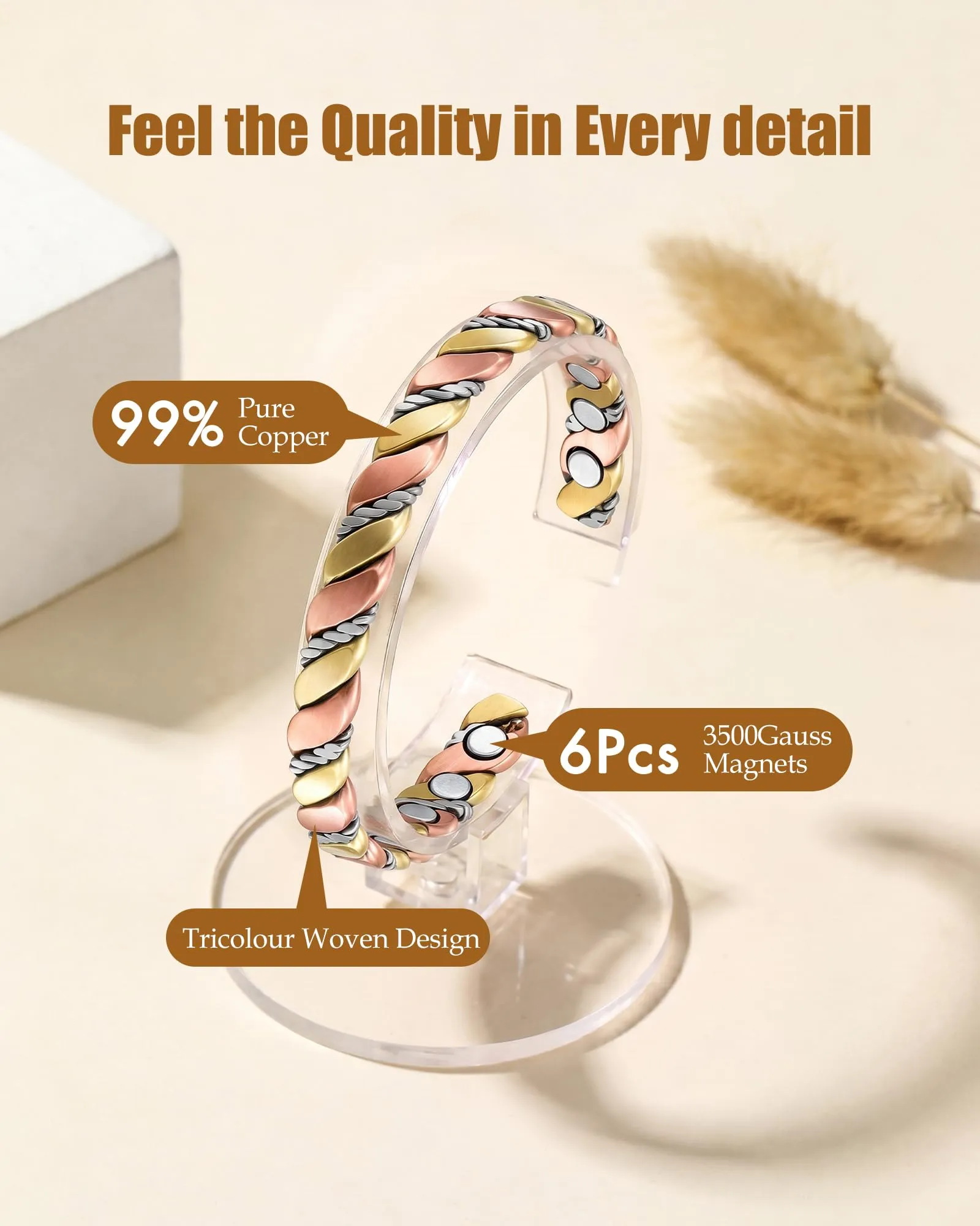 Jeracol Braccialetto in rame puro al 99%, unisex, con 20 potenti magneti - immagine 2