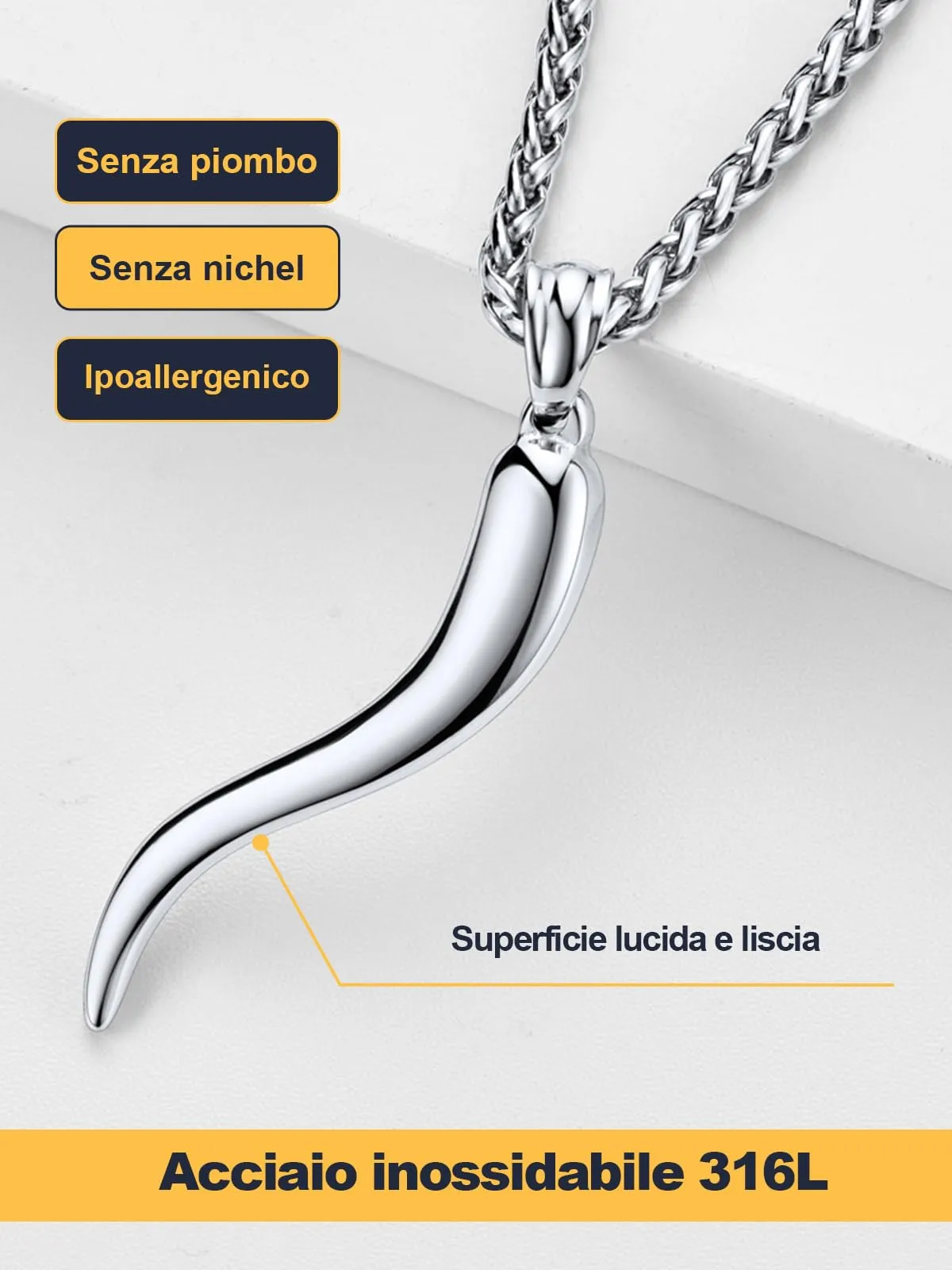U7 Collana Uomo Portafortuna Corno Italiano 51mm Acciaio Inossidabile - immagine 4
